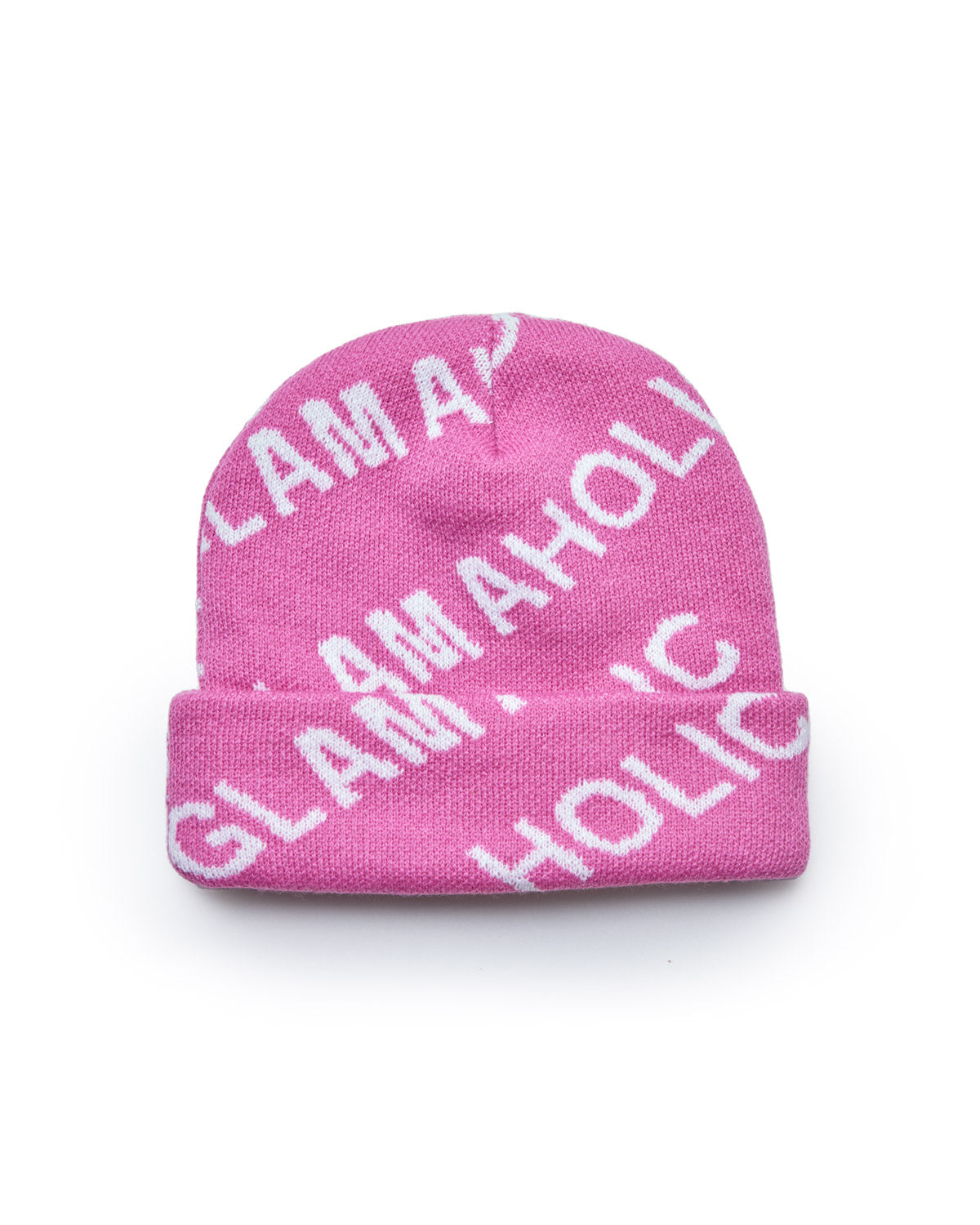 Pink monogram beanie with white "Glam" text pattern, folded brim, soft knit fabric, stylish and warm for cold weather.