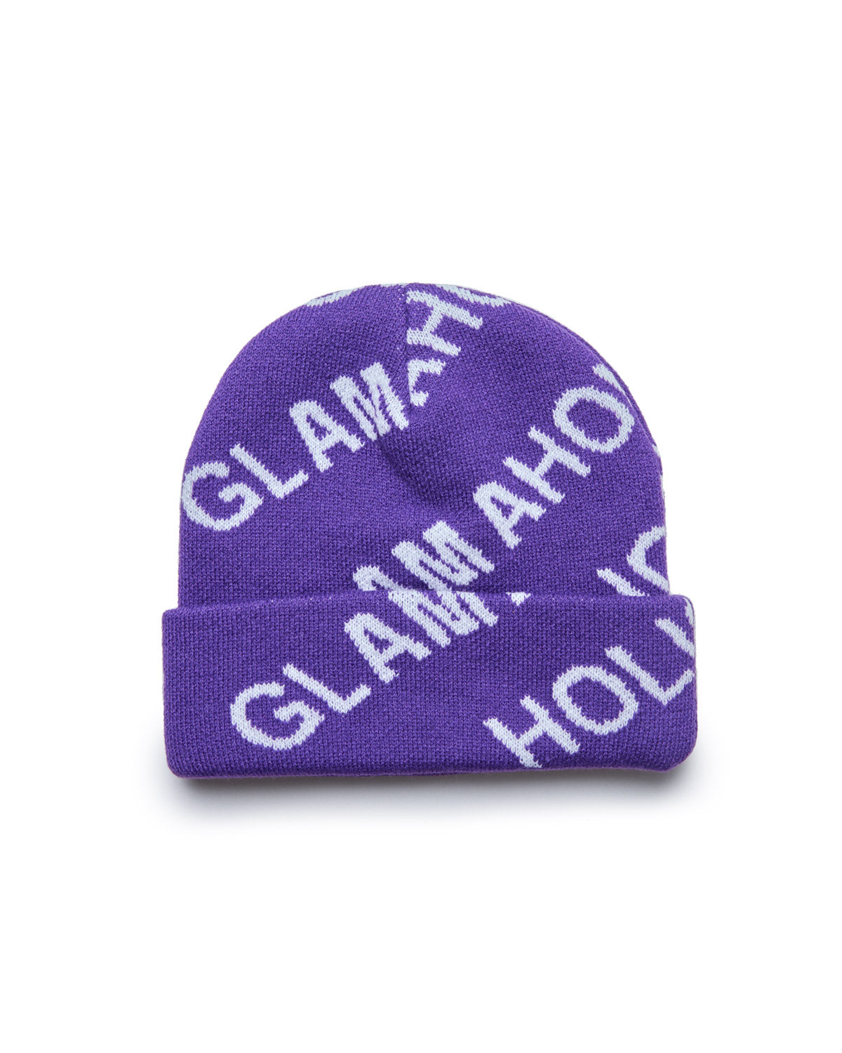 Purple beanie with "Glamour" text pattern, folded brim, soft knit fabric, stylish and warm accessory.