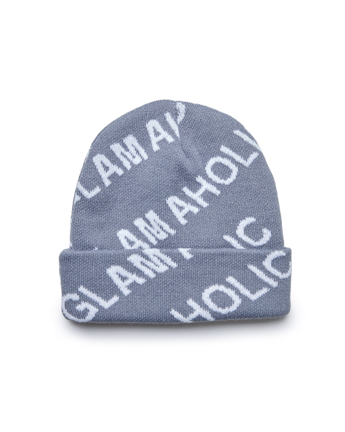 Gray Monogram Beanie with white "GOLDEN" text pattern, folded brim, and soft knit fabric for warmth and style.