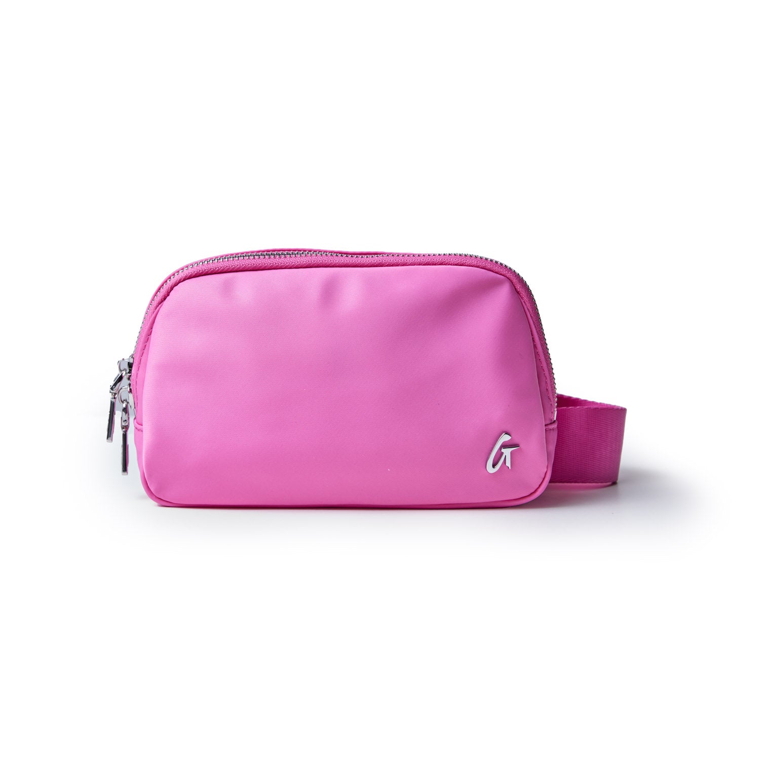 Pink nylon fanny pack with a silver zipper and a small white logo on the front, adjustable strap on the side.