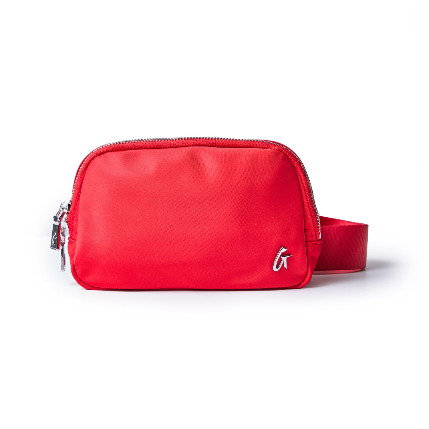 Red nylon fanny pack with a silver zipper and a small metallic logo on the front, adjustable strap on the side.