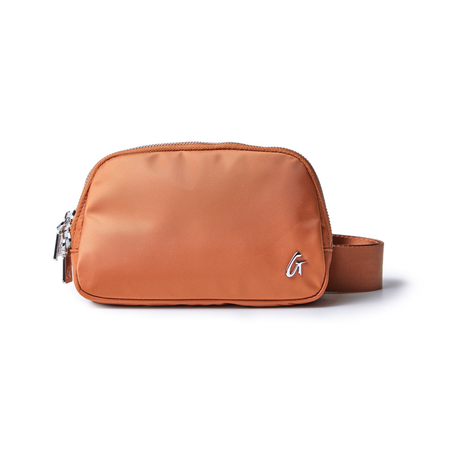 Brown nylon fanny pack with a zipper closure, silver logo, and adjustable strap, ideal for casual or travel use.