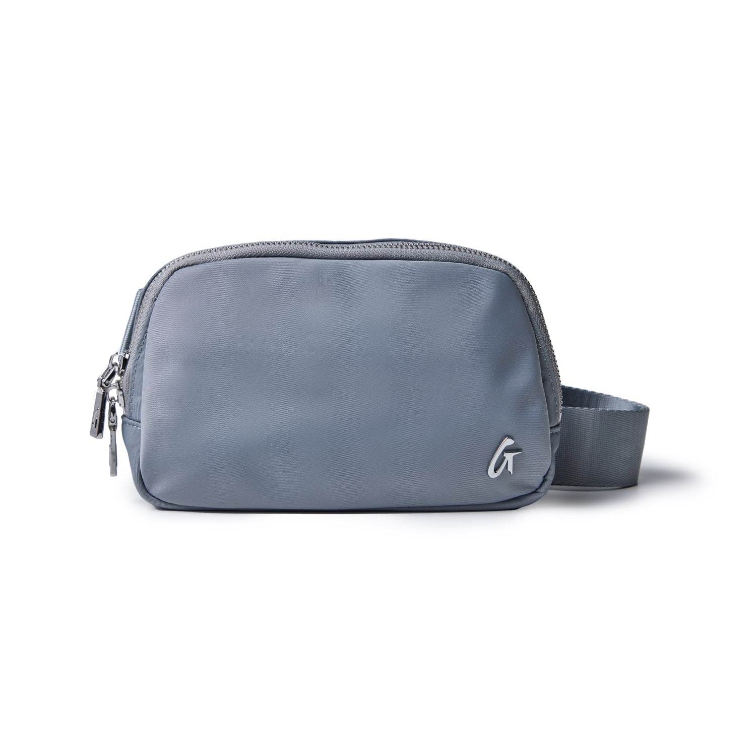 Gray nylon fanny pack with a front zipper pocket, silver hardware, and a black adjustable strap.