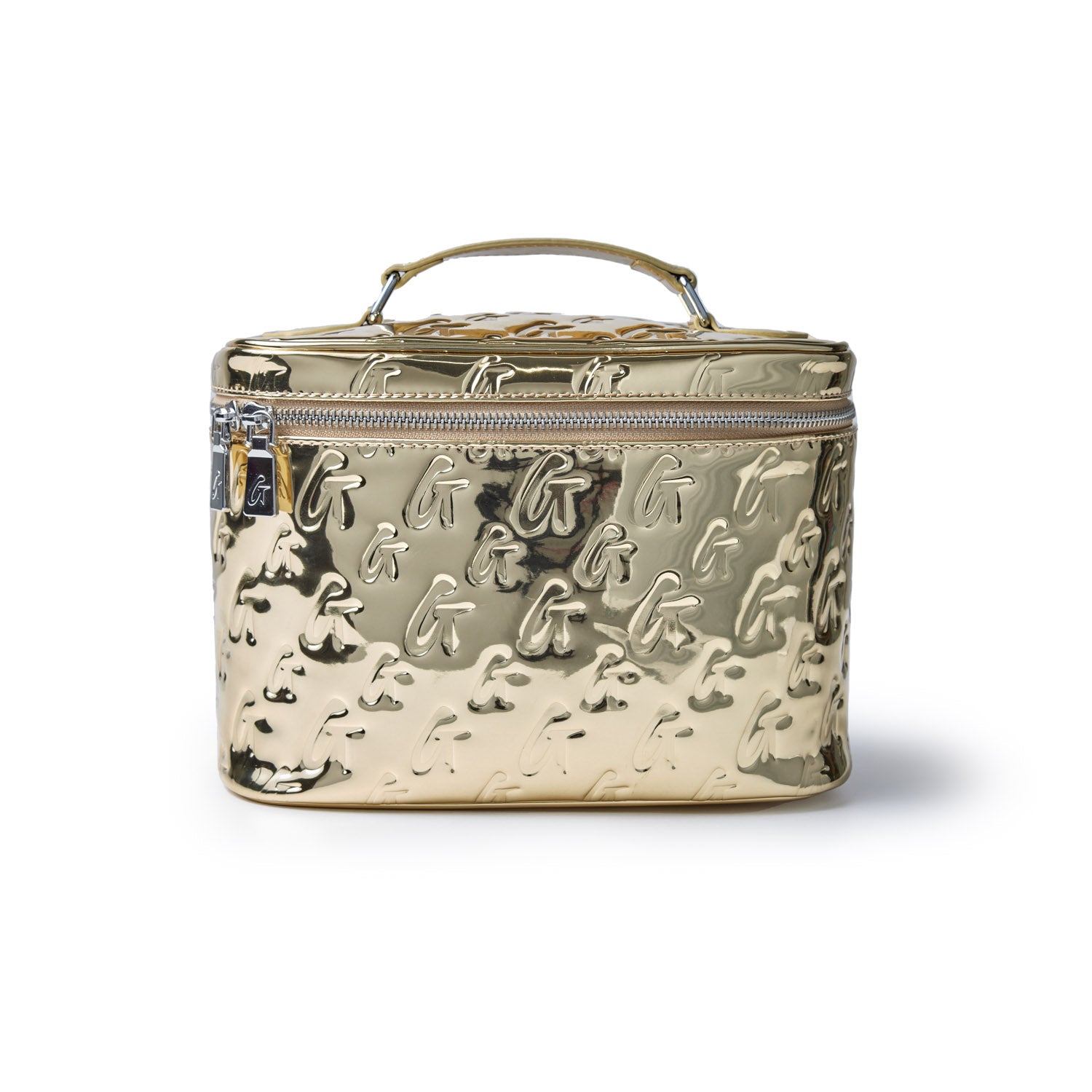 Large metallic gold monogram toiletry bag with embossed "G" pattern, zip closure, and top handle.