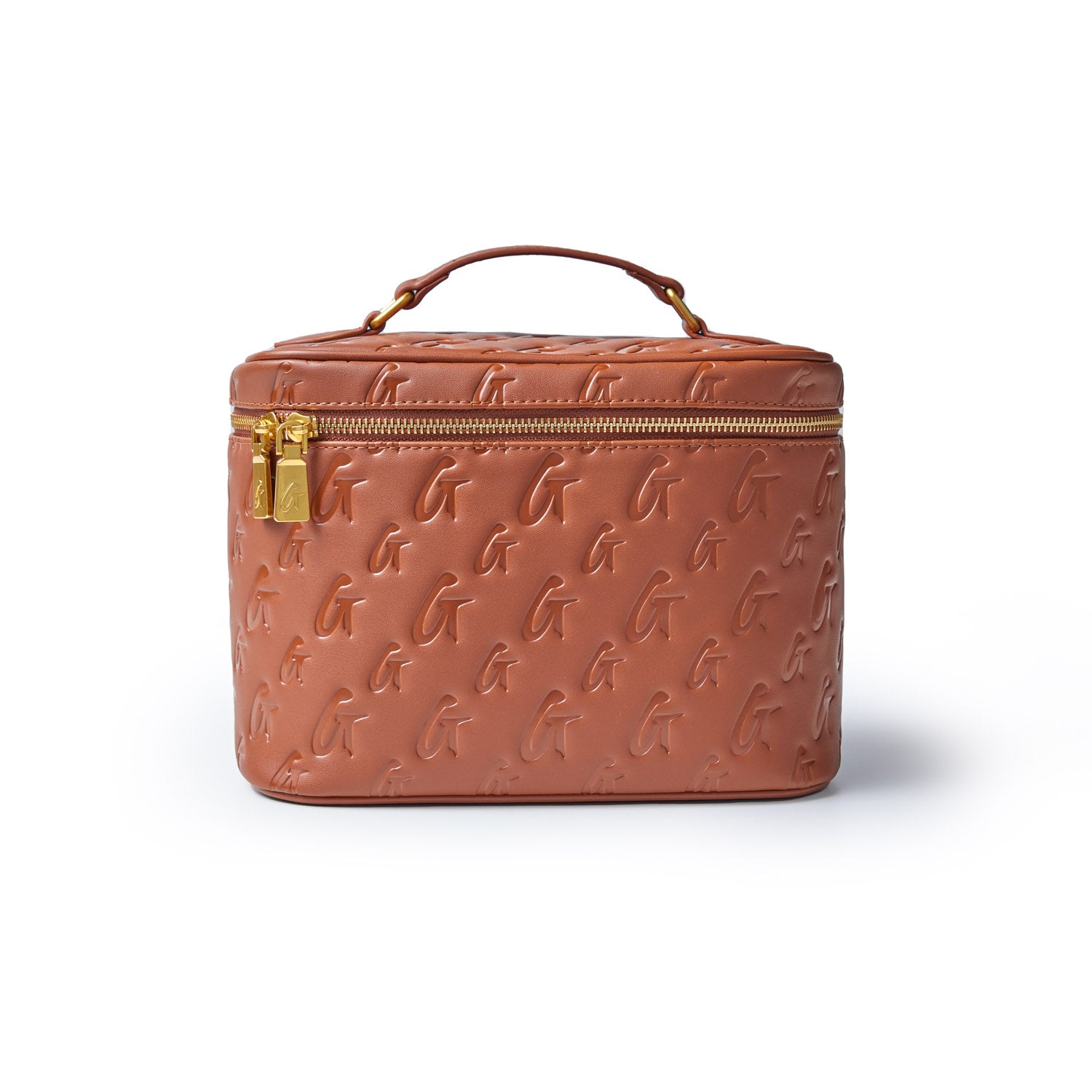 Large brown monogram toiletry bag with embossed G pattern, gold zipper, and top handle for travel organization.