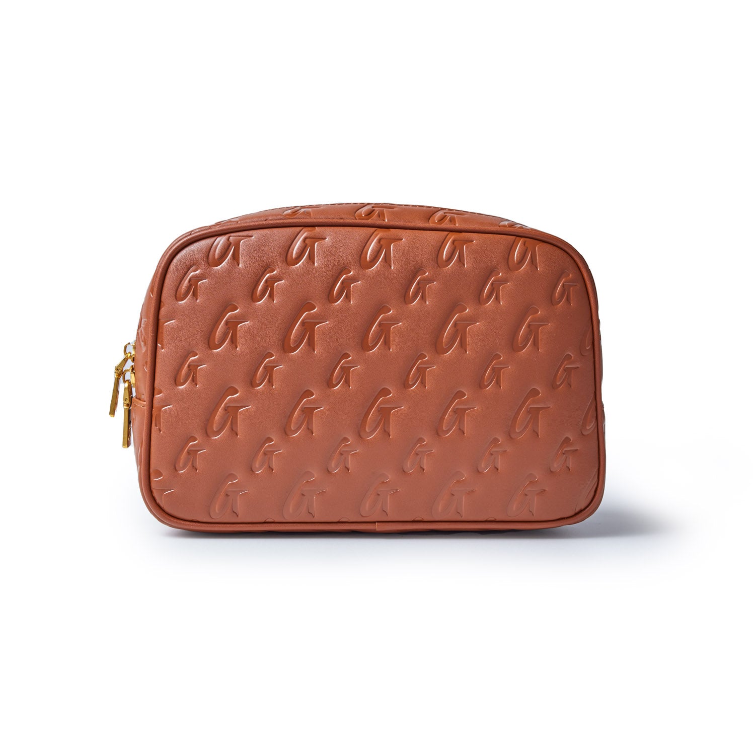 Small brown monogram toiletry bag with embossed "G" pattern and gold zipper.