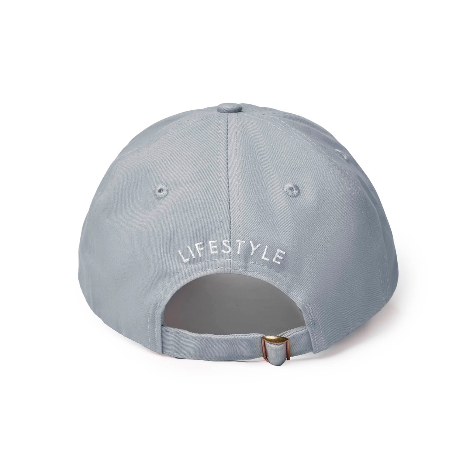 Gray dad hat featuring "LIFESTYLE" embroidered on the back, designed for a casual and stylish look.