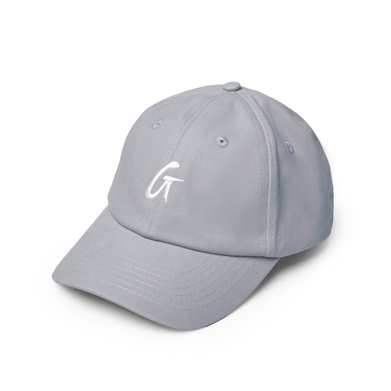 Gray OG Dad Hat featuring a white embroidered "G" logo, perfect for casual, stylish outfits.