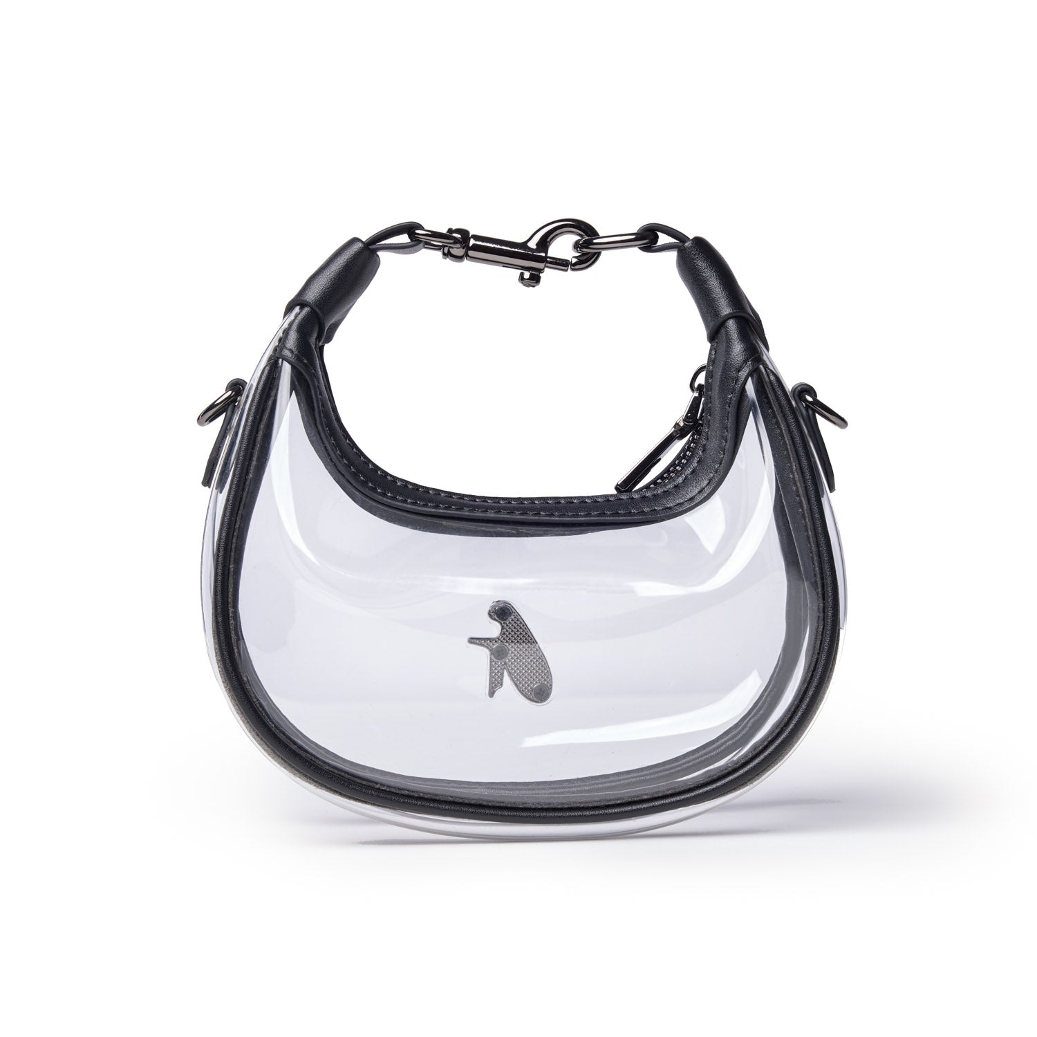 Clear hobo bag featuring a sleek design with black accents and a top handle, perfect for stylish outings.