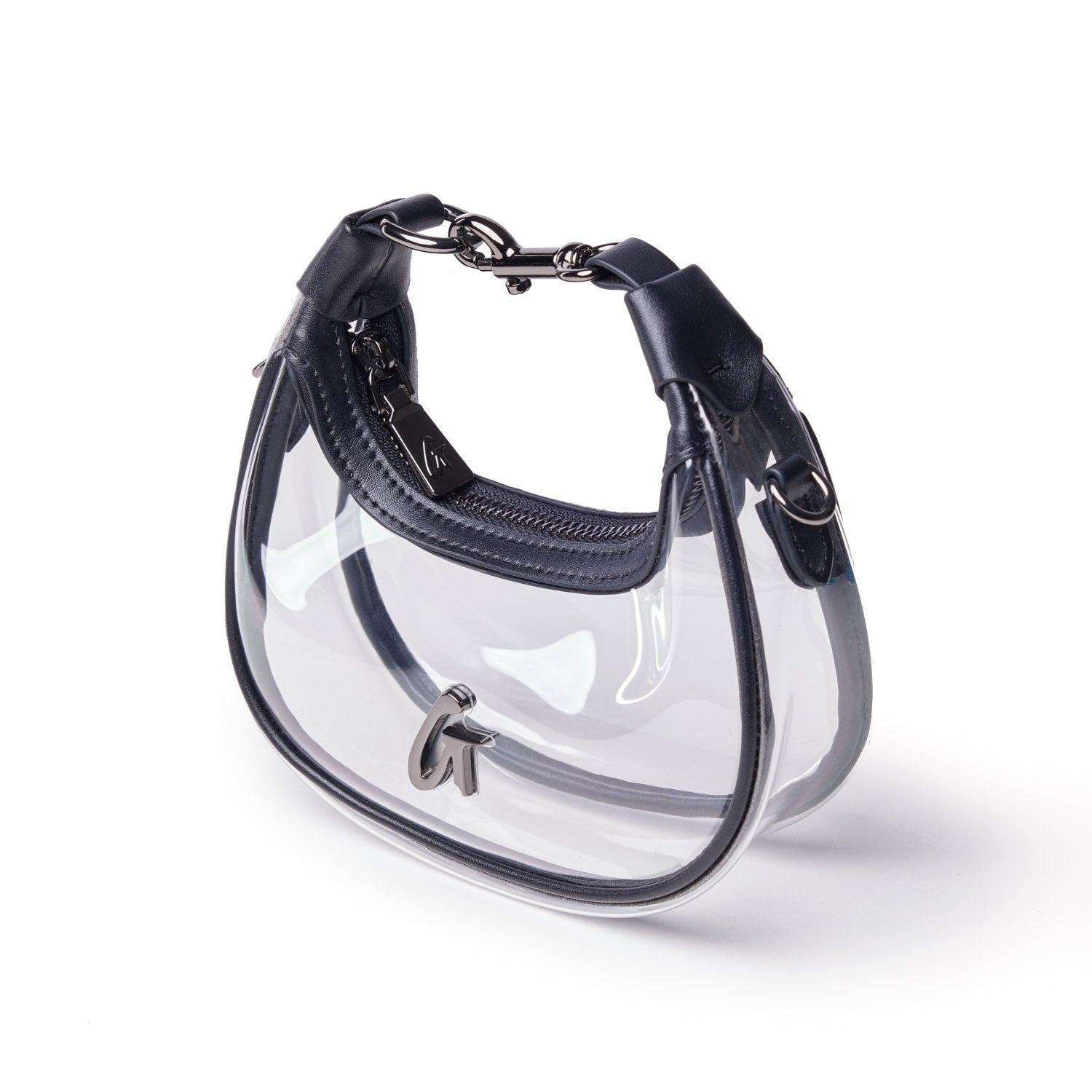 Clear hobo bag with black leather accents and a stylish logo, perfect for a chic, modern look. Ideal for versatile outfits.