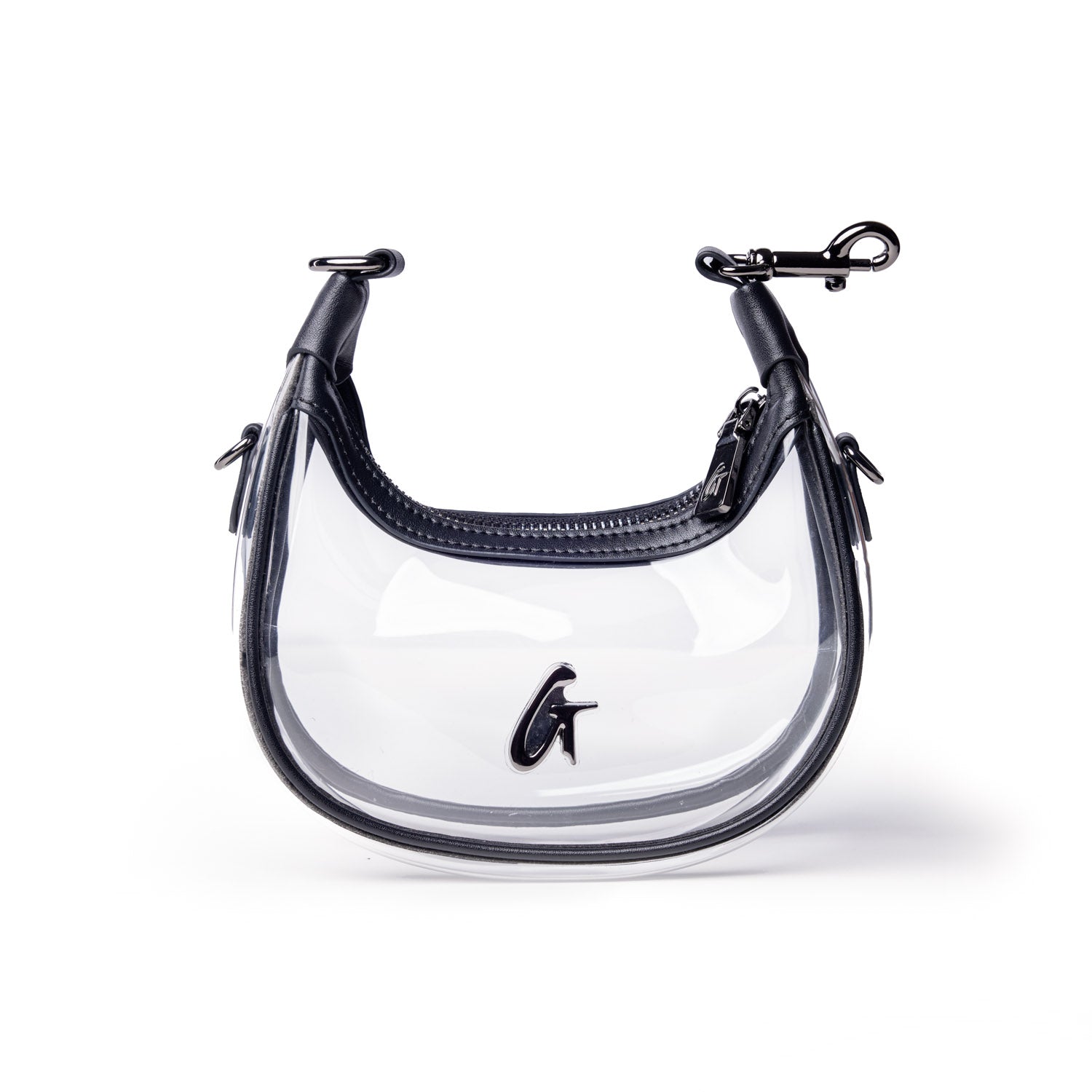 Clear hobo bag with a sleek design, featuring black accents and a stylish logo, perfect for a modern, chic look.