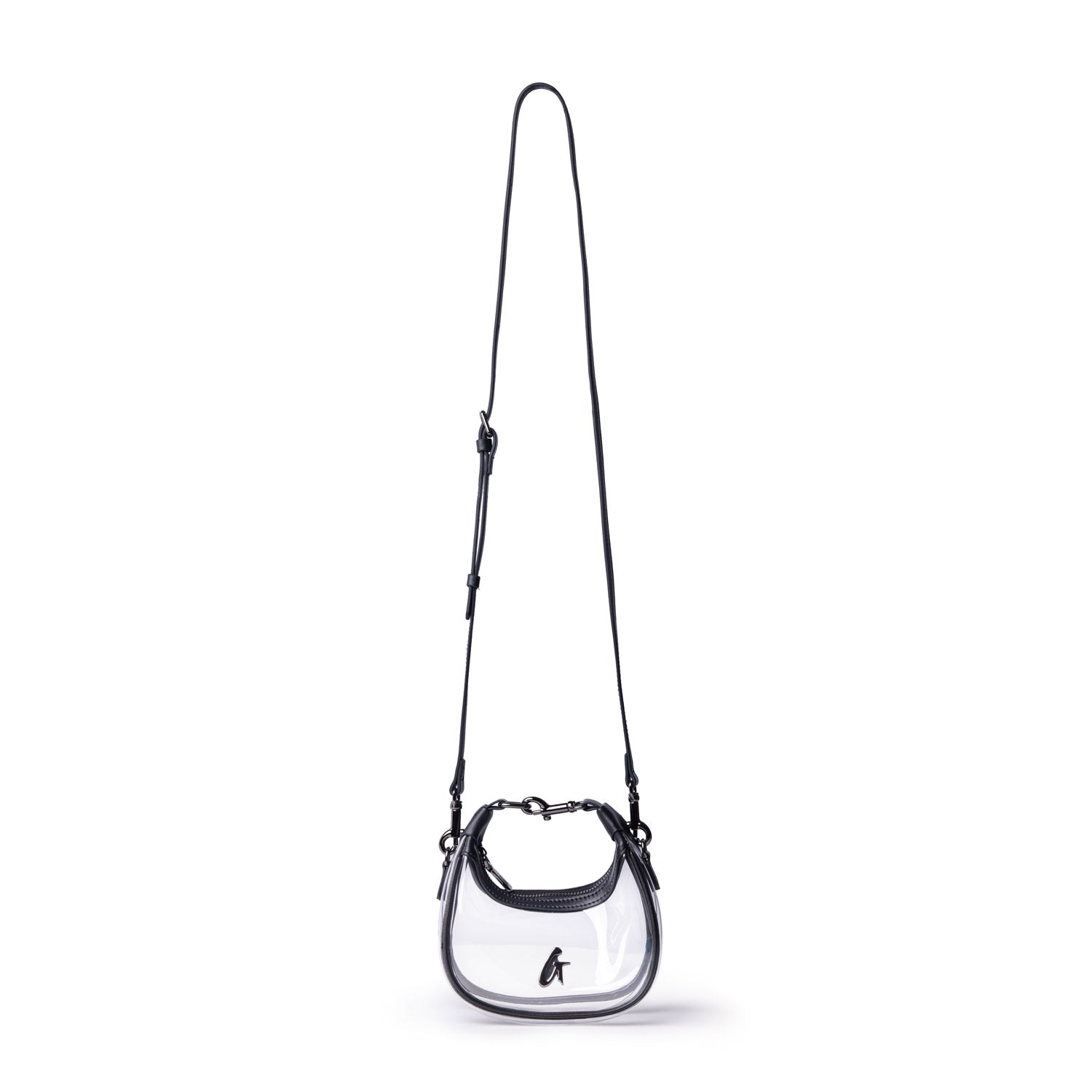 Clear hobo bag with a sleek design, featuring a black strap and a minimalist logo, perfect for stylish outings.
