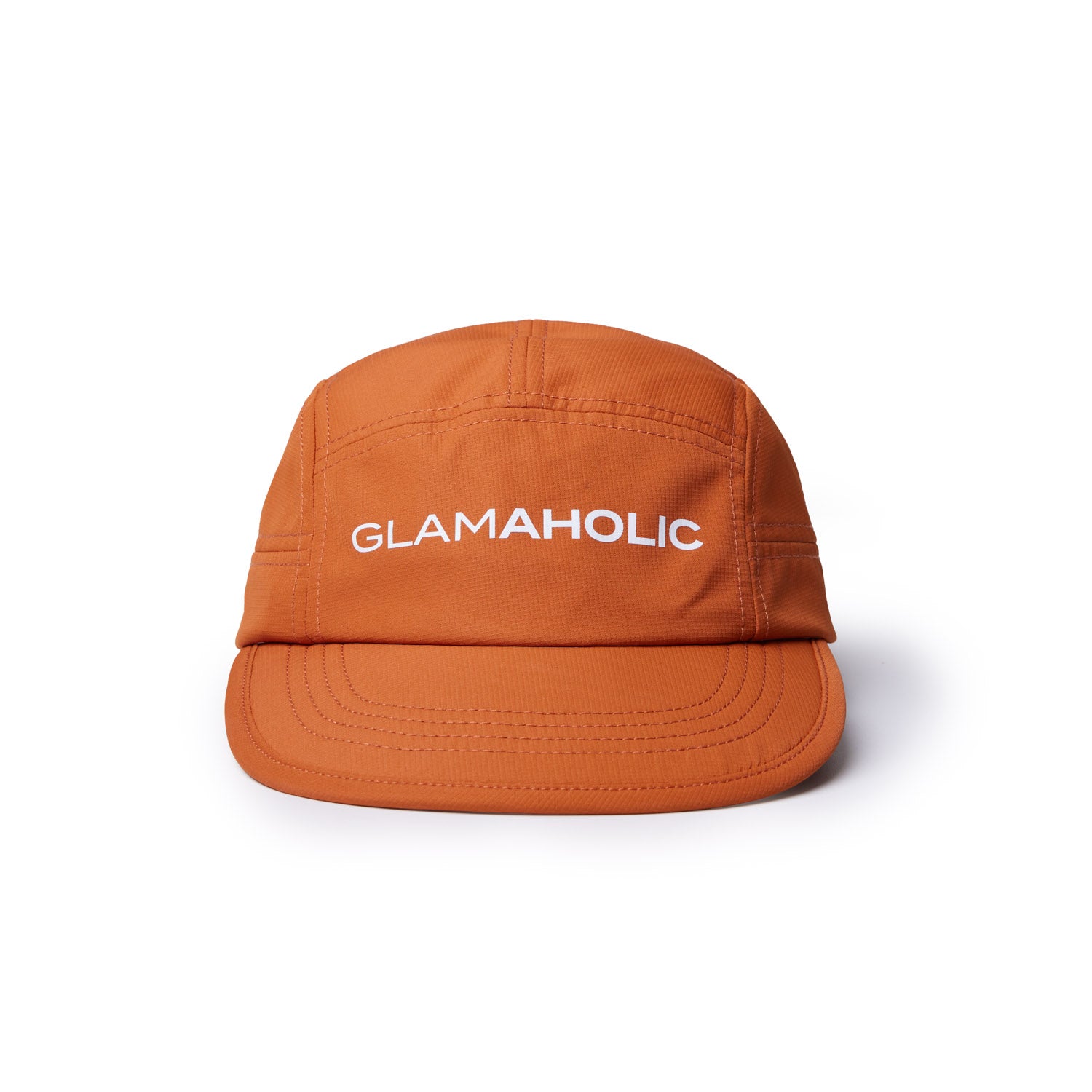 Brown athletic 5 panel hat featuring the word "GLAMAHOLIC" in white on the front. Ideal for casual wear and outdoor activities.