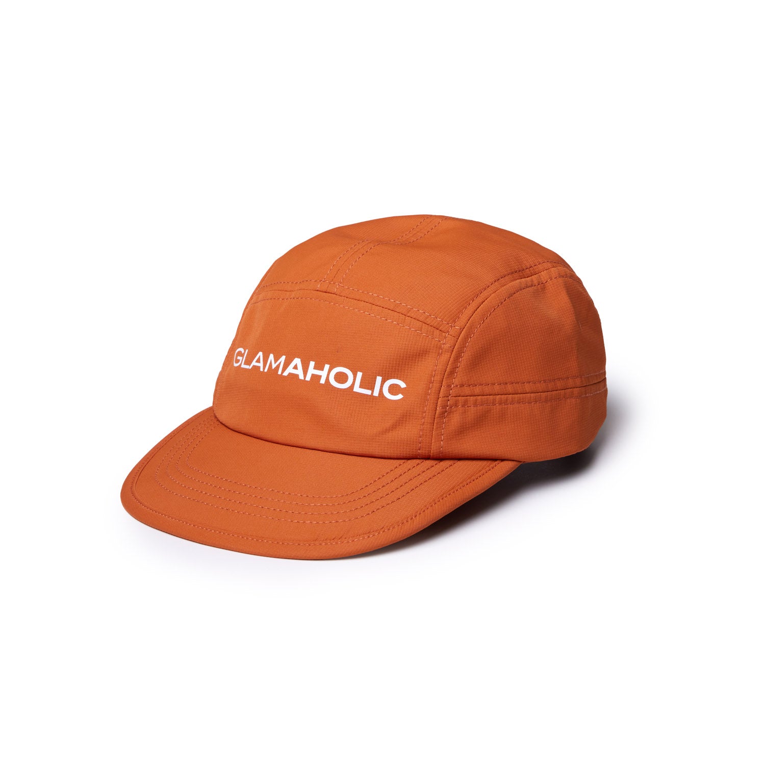 Brown athletic 5 panel hat featuring the word "GLAMAHOLIC" embroidered in white on the front.