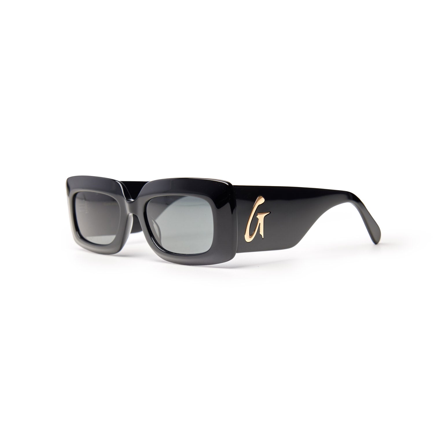 Stylish black sunglasses featuring a bold square frame and a gold logo accent on the side. Perfect for a chic look.