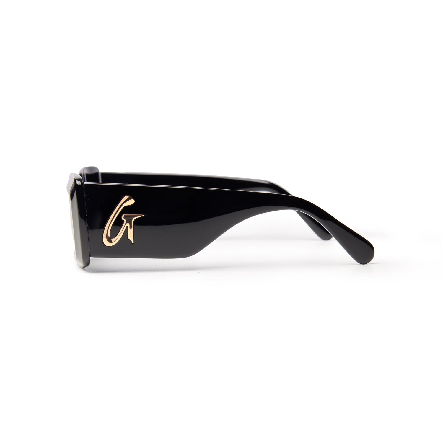 Sleek black sunglasses featuring a stylish logo on the side, perfect for a chic and modern look.