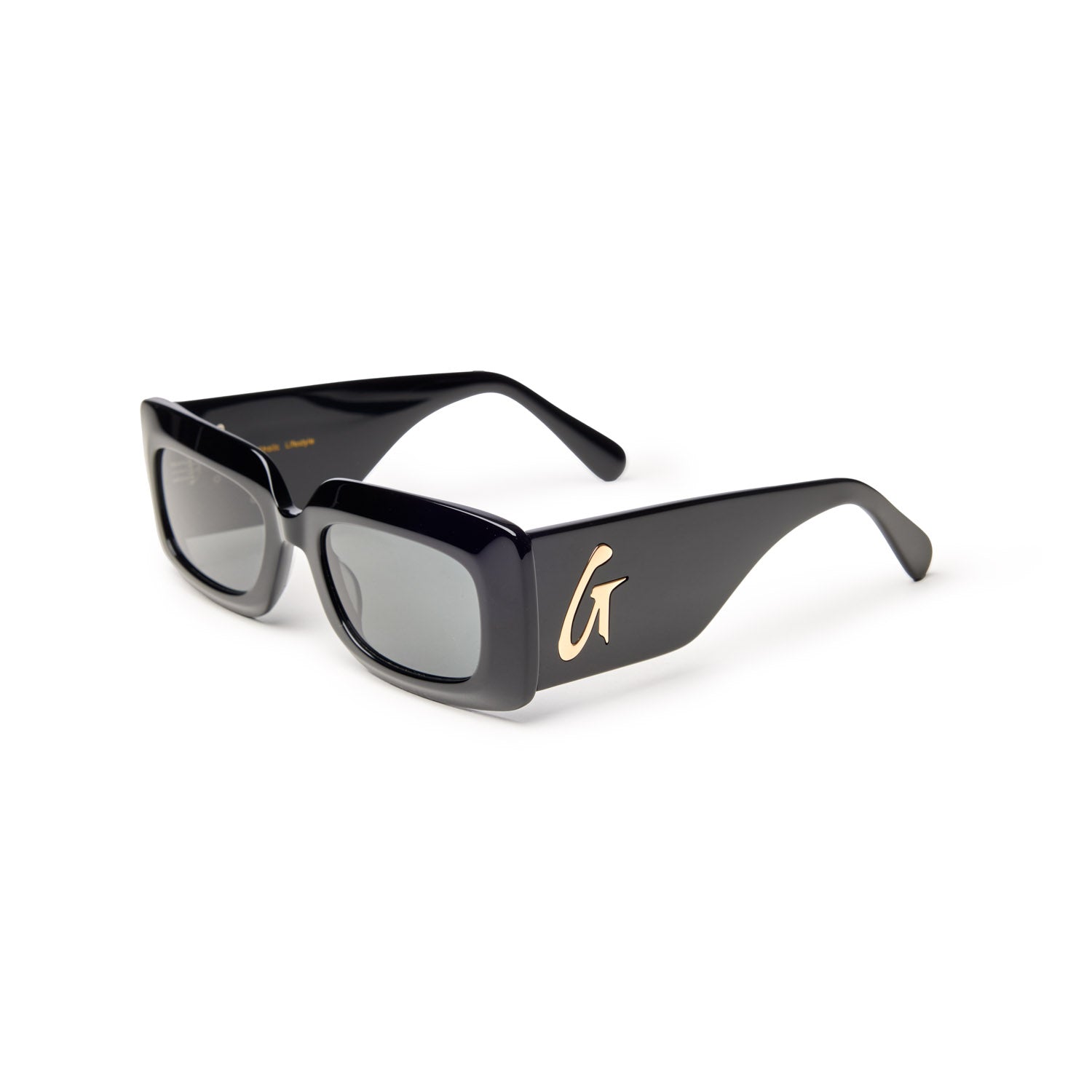 Stylish black sunglasses with a bold square frame and gold logo detail, perfect for a chic accessory look.