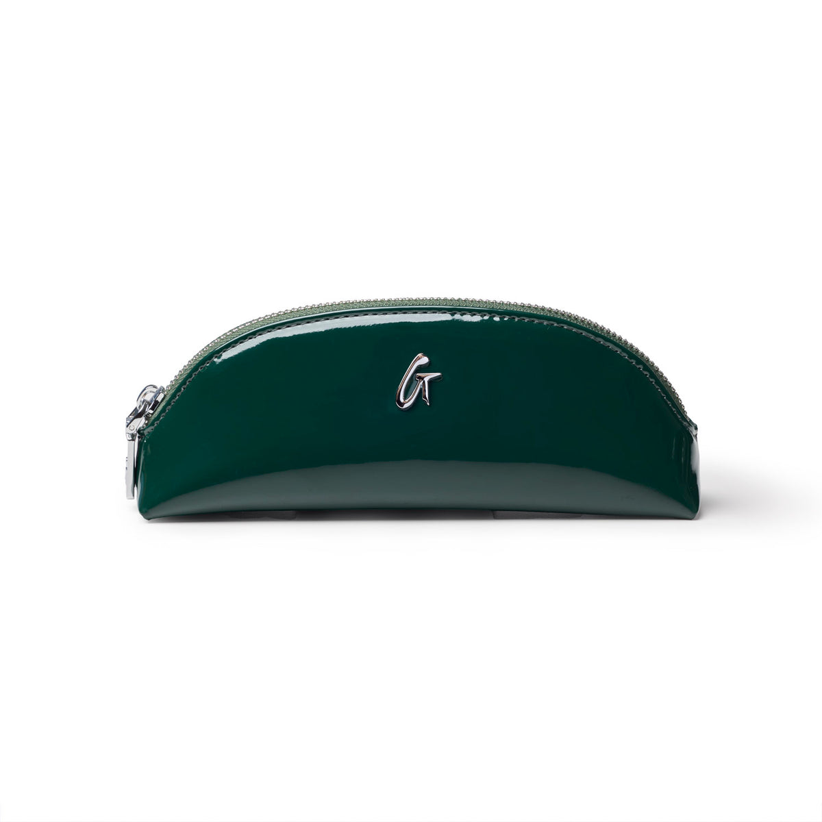 Glossy green mini mirror pouch with a sleek design and silver zipper, perfect for storing small essentials.