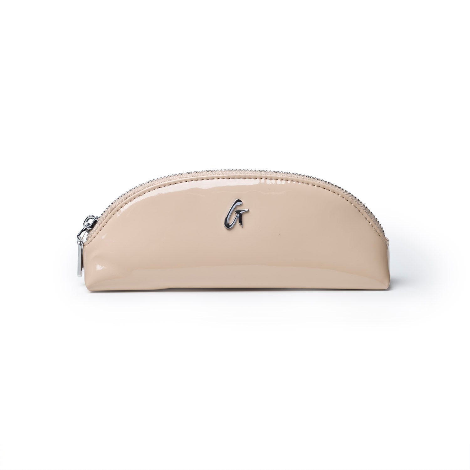 Mini mirror pouch in nude with a sleek design and silver zipper, perfect for storing cosmetics or small essentials.