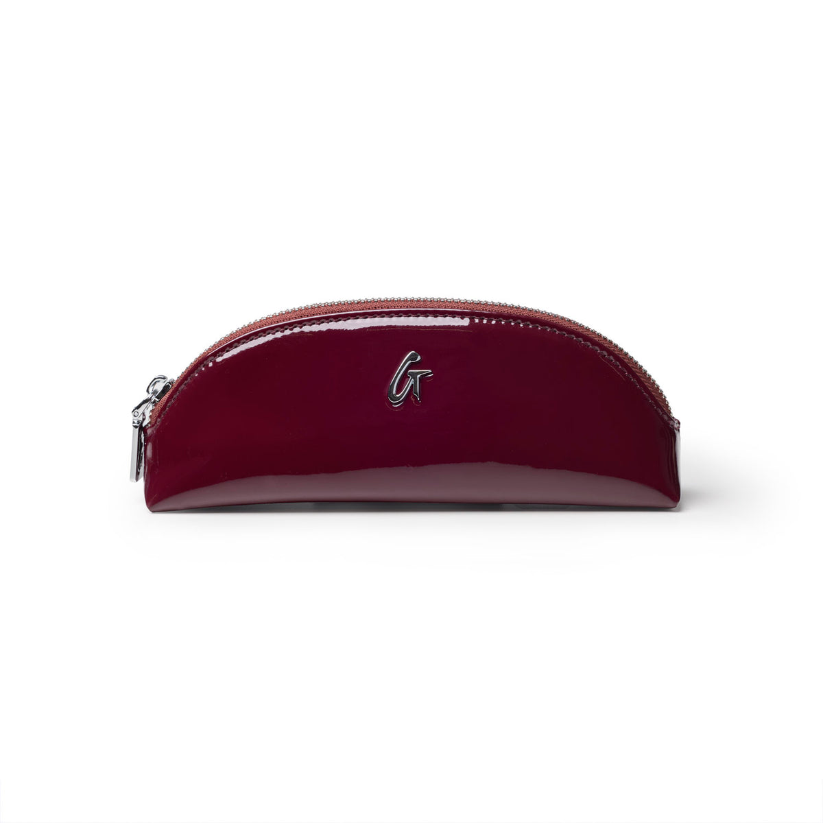 Glossy burgundy mini mirror pouch with a sleek design and zip closure, perfect for storing cosmetics or small essentials.