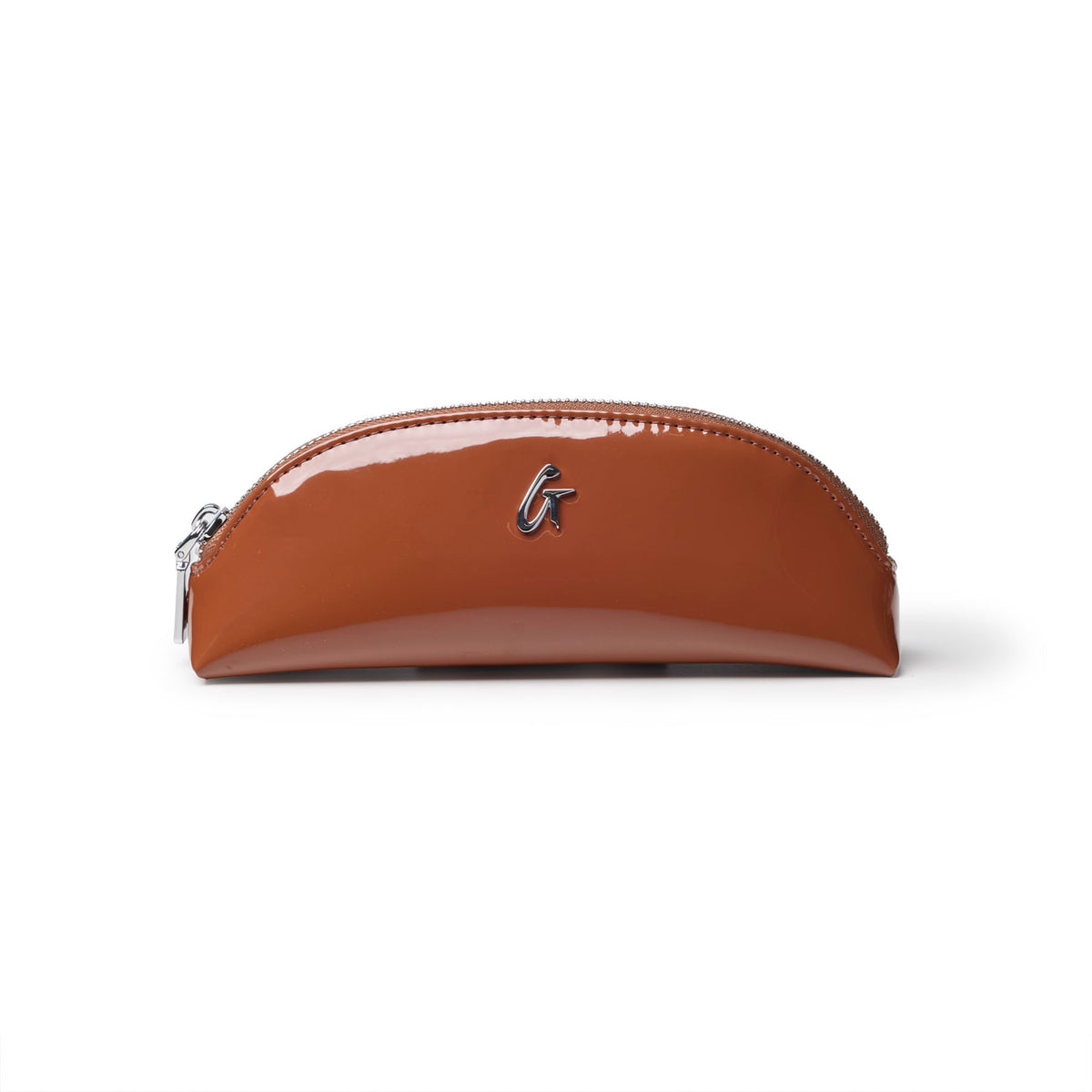 Mini mirror pouch in mirror brown with a sleek, glossy finish and silver zipper, perfect for storing essentials.