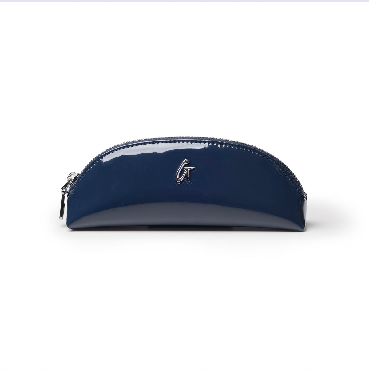 Navy mini mirror pouch with a glossy finish and silver zipper, perfect for storing cosmetics and small essentials.