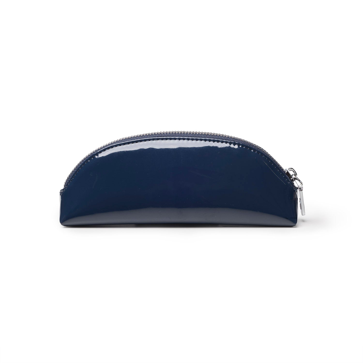 Navy mini mirror pouch with a sleek, glossy finish and a zip closure, perfect for storing small essentials.
