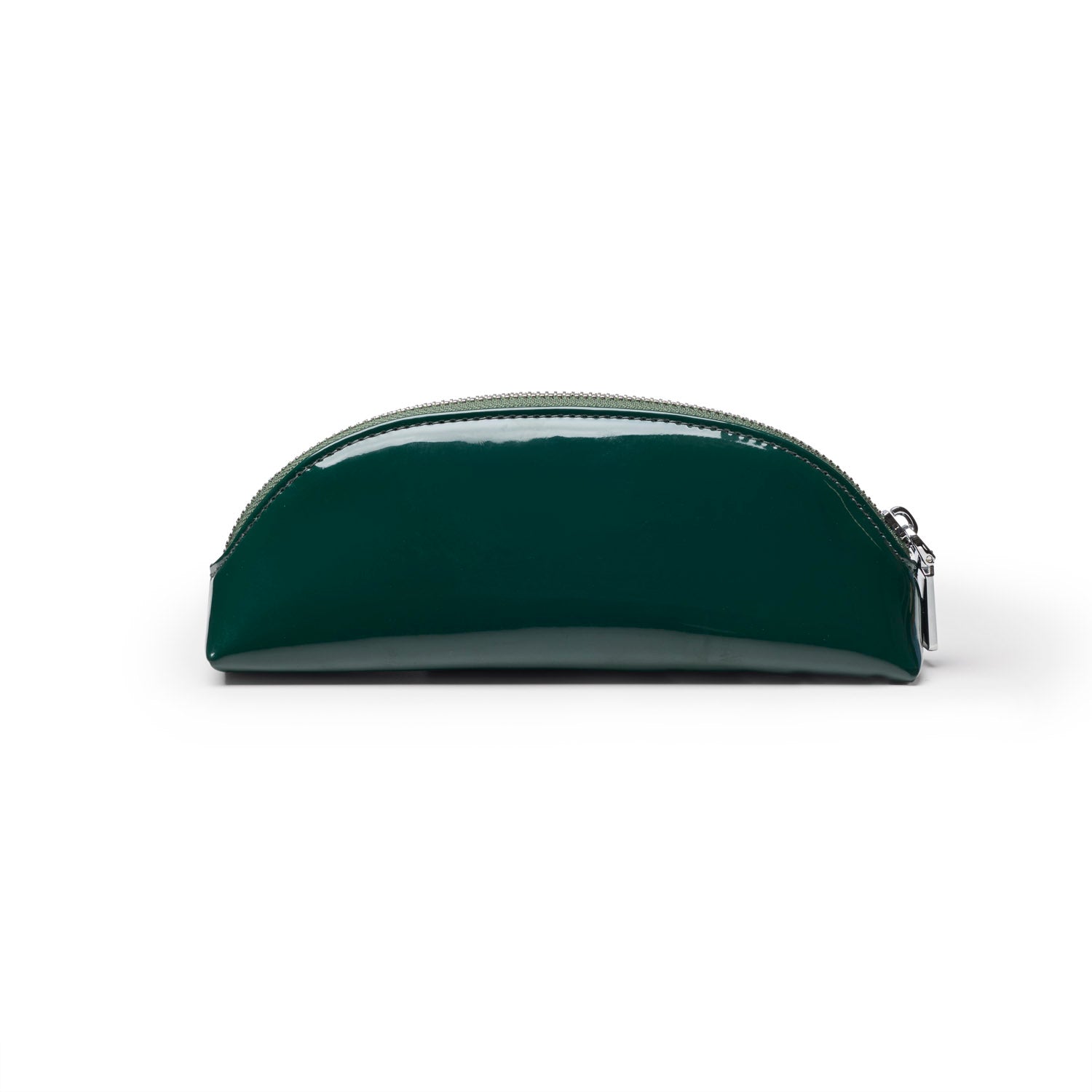 Glossy green mini mirror pouch with a zip closure, perfect for storing cosmetics and small essentials.