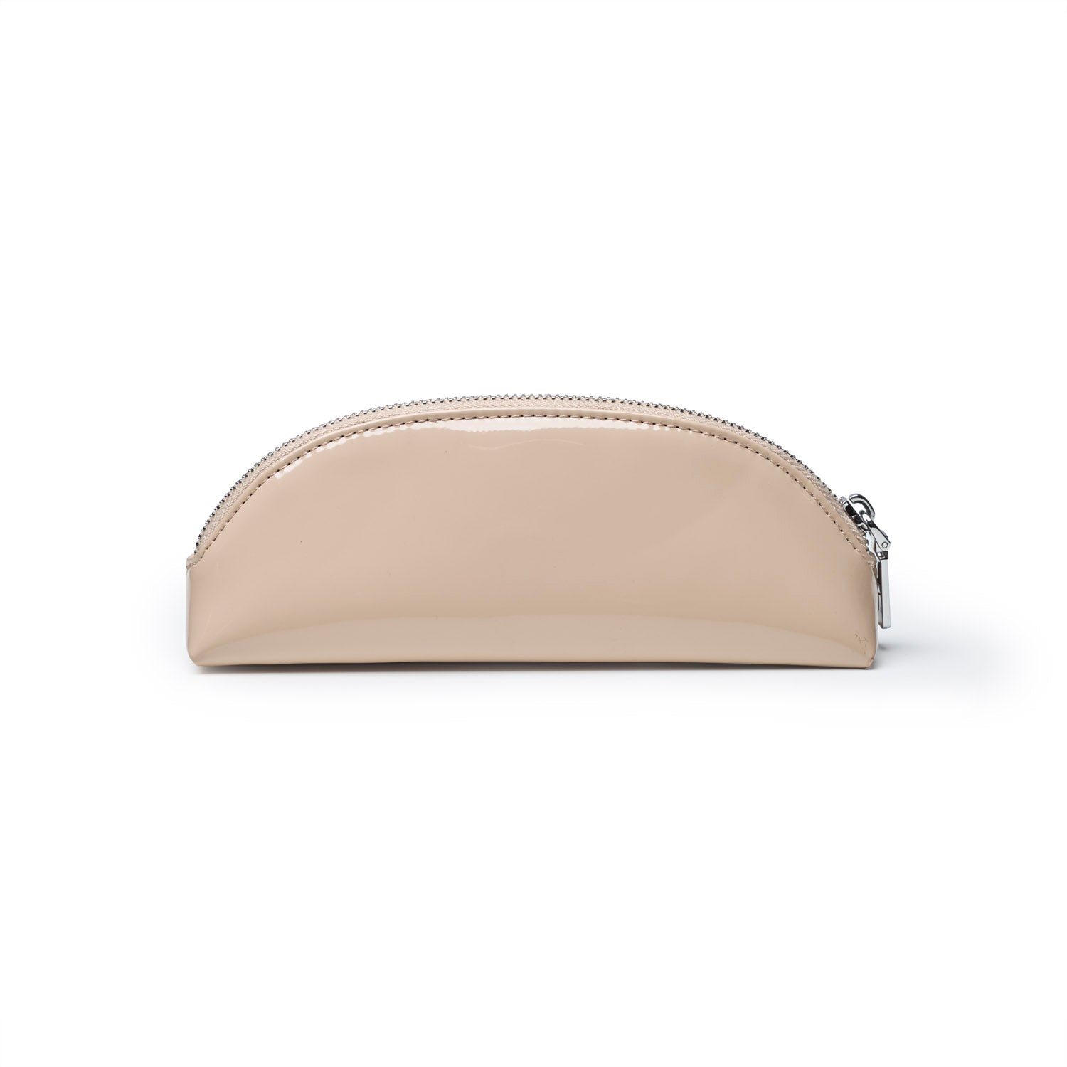Mini mirror pouch in nude with a sleek, glossy finish and a zip closure, perfect for storing essentials.