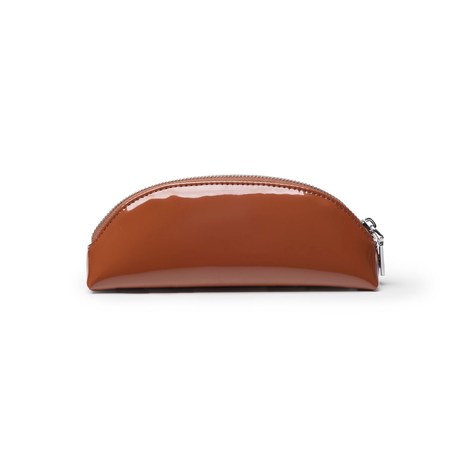 Glossy brown mini mirror pouch with a zip closure, perfect for storing small essentials and adding style.