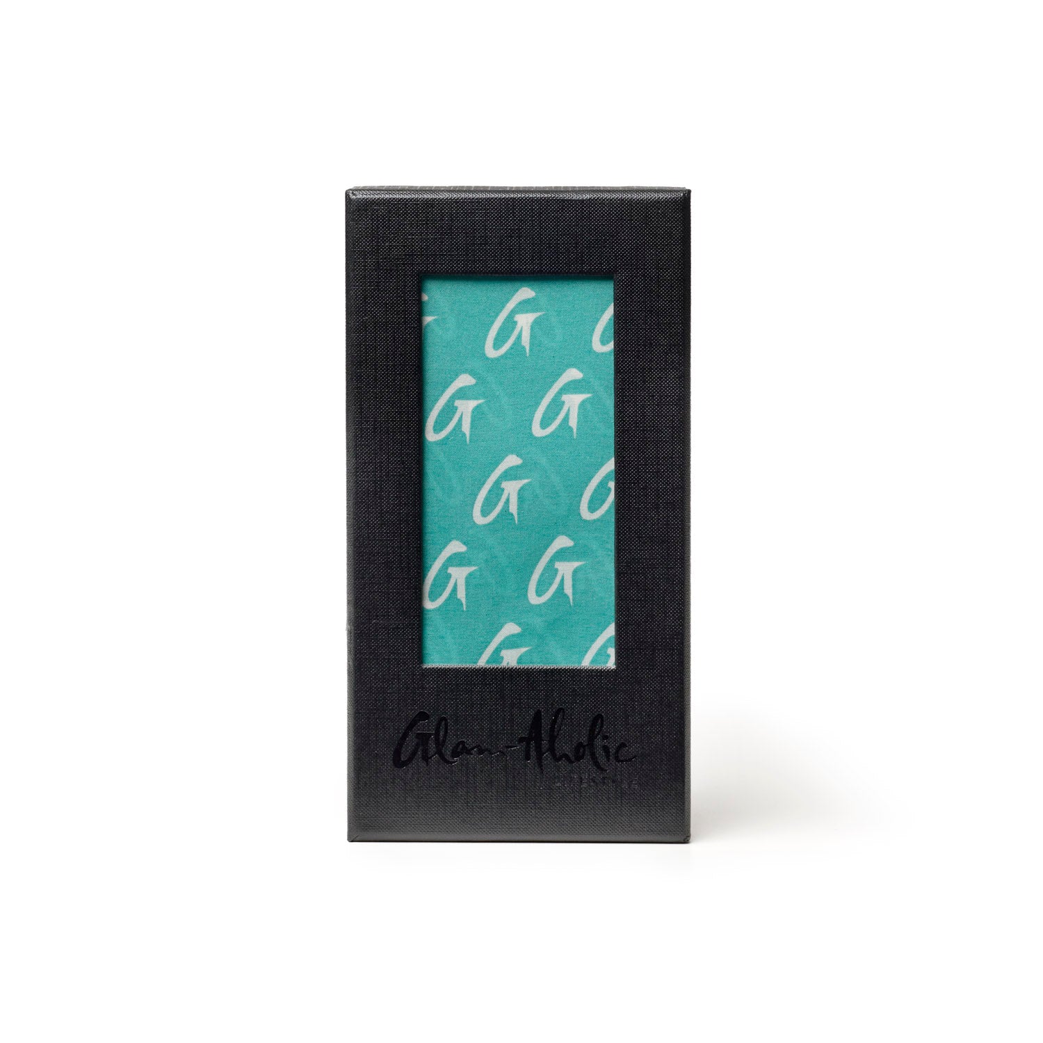 Teal medium monogram silk scarf in elegant packaging, showcasing the Glam-Aholic logo and design.