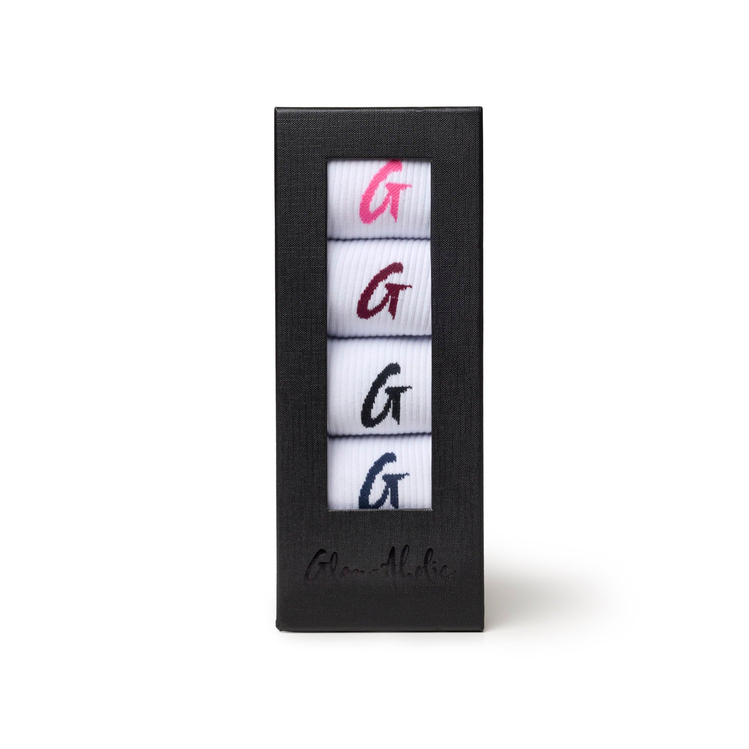 Dark multi crew socks in a stylish black box featuring the Glam-Aholic logo and colorful G branding.