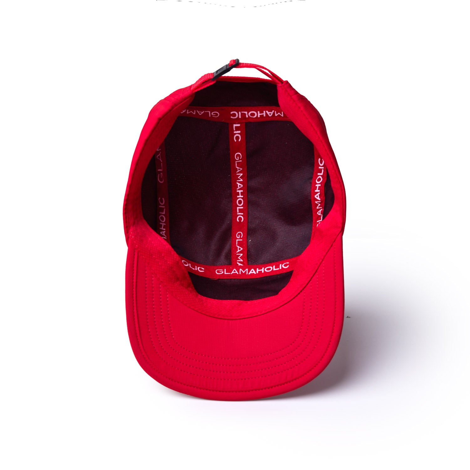 Red athletic 5-panel hat with a structured brim and interior branding featuring the Glam-Aholic logo.