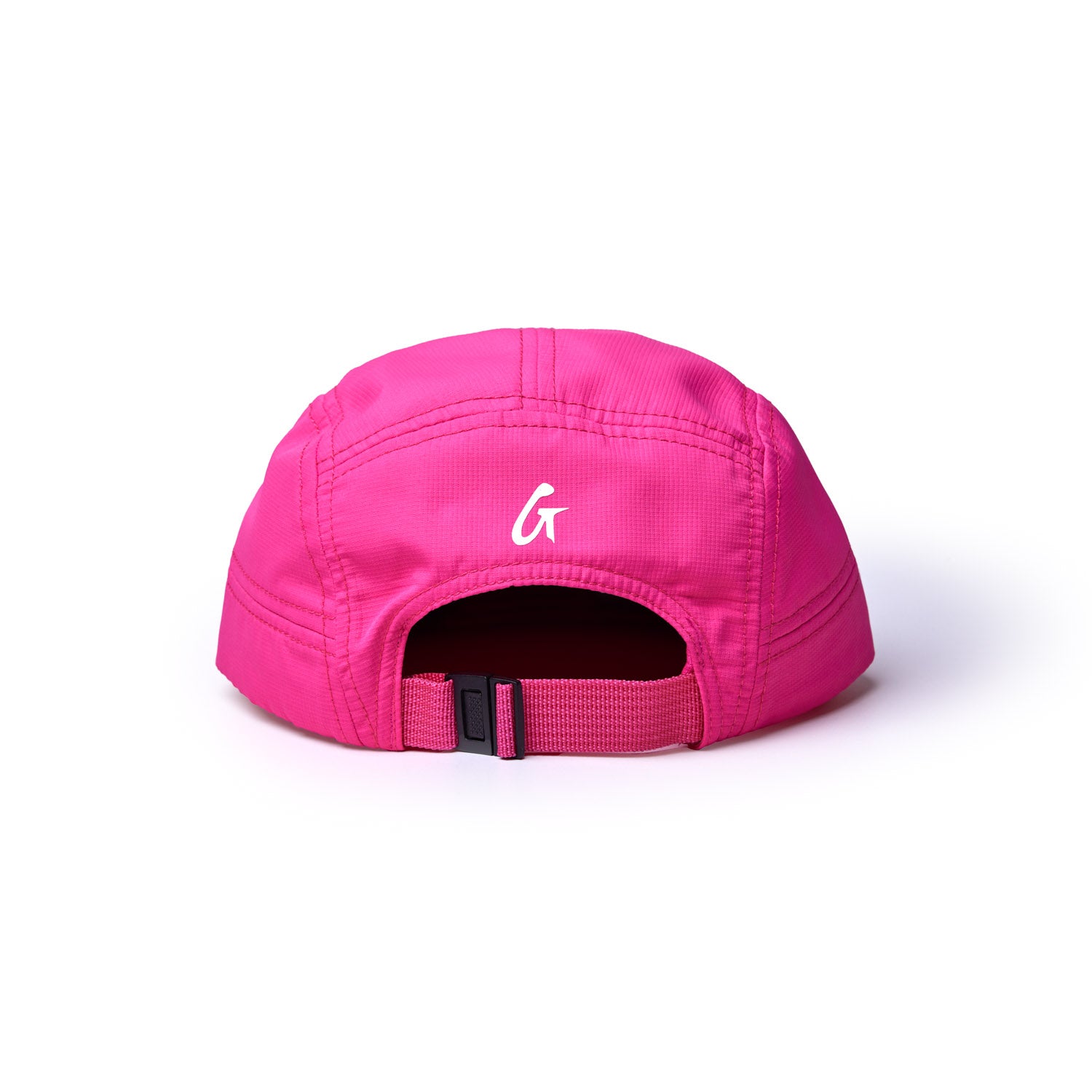 Back view of a hot pink athletic 5 panel hat featuring a logo and an adjustable strap for a secure fit.
