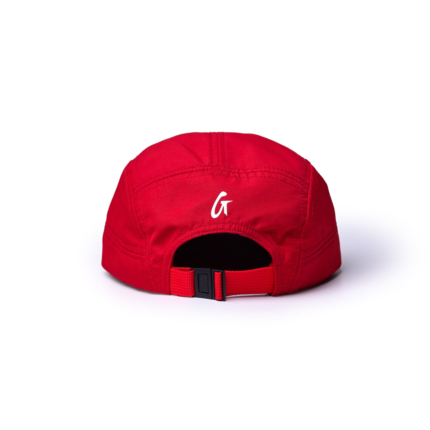 Red athletic 5 panel hat featuring a logo on the back and an adjustable strap for a comfortable fit.
