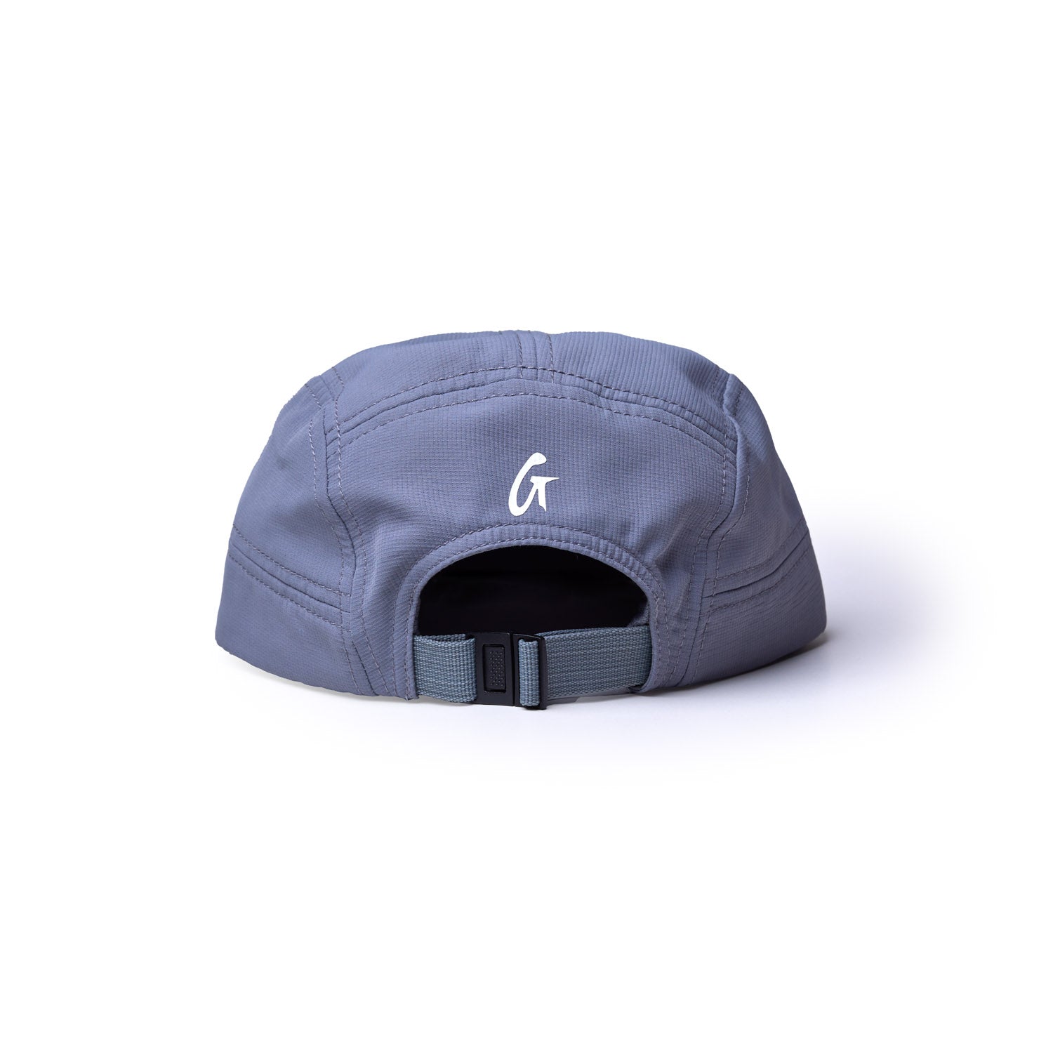 Gray athletic 5 panel hat featuring a logo on the back and an adjustable strap for a comfortable fit.