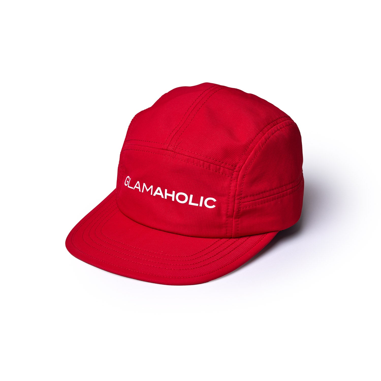 Red athletic five-panel hat featuring the word "GLAMAHOLIC" embroidered on the front. Ideal for sporty looks.