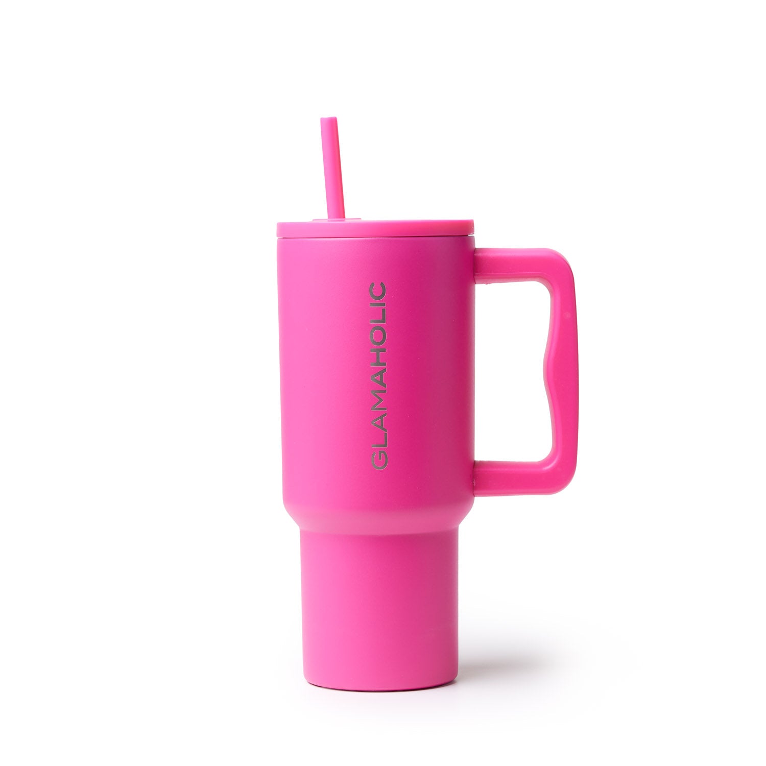 Hot pink athletic tumbler with a handle and straw, featuring the Glam-Aholic logo prominently displayed.