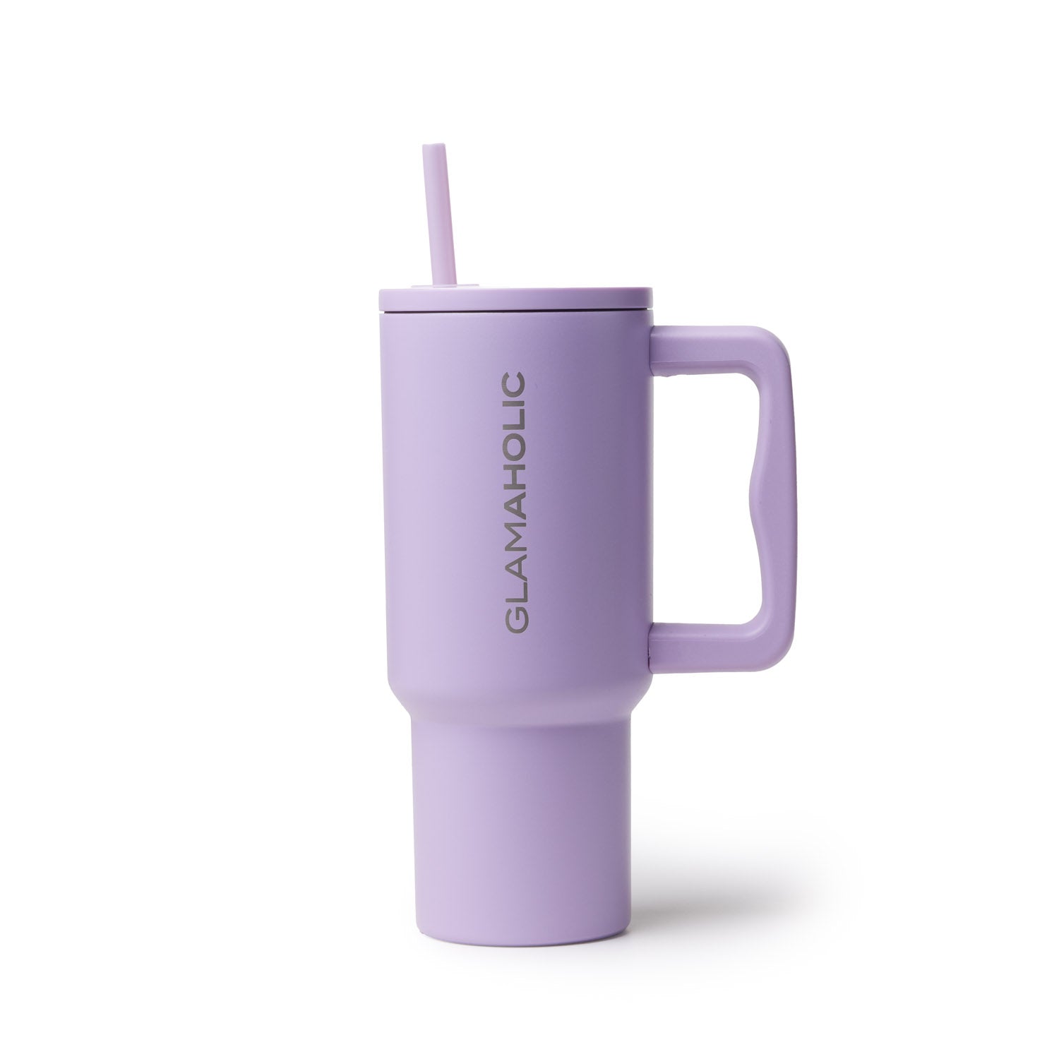 Purple athletic tumbler with a sturdy handle and straw, featuring the Glam-Aholic logo. Ideal for on-the-go hydration.