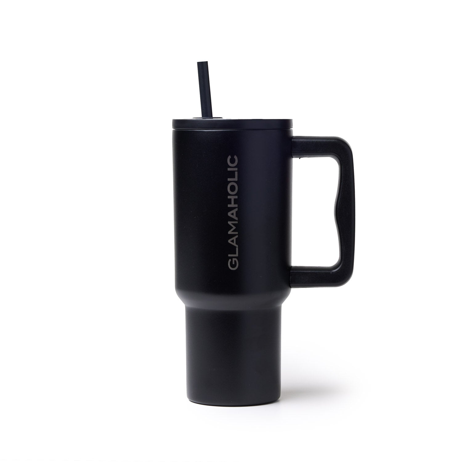 Black athletic tumbler with a handle and straw, featuring the Glam-Aholic logo, designed for on-the-go hydration.