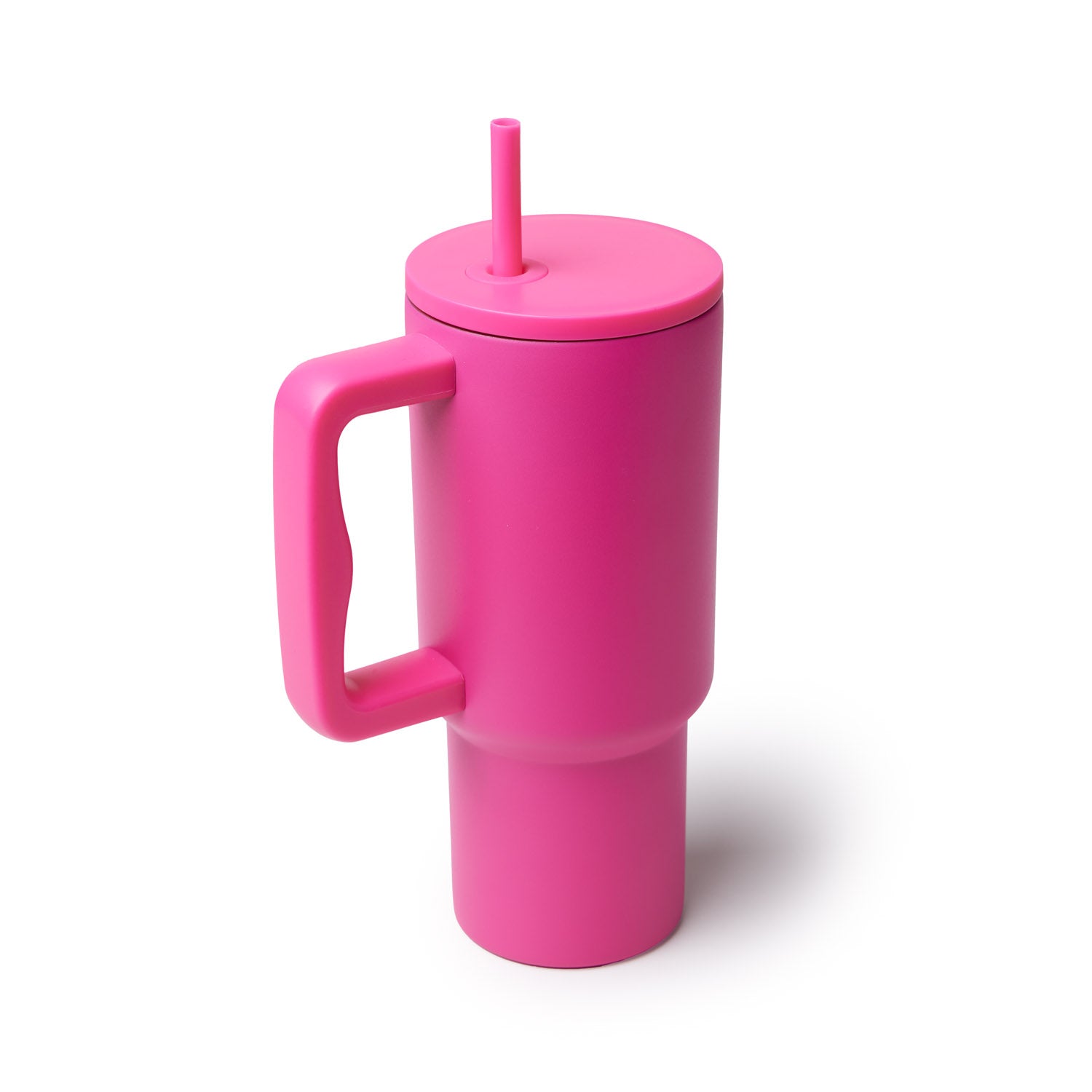 Hot pink athletic tumbler with a straw and a sturdy handle, designed for on-the-go hydration and style.