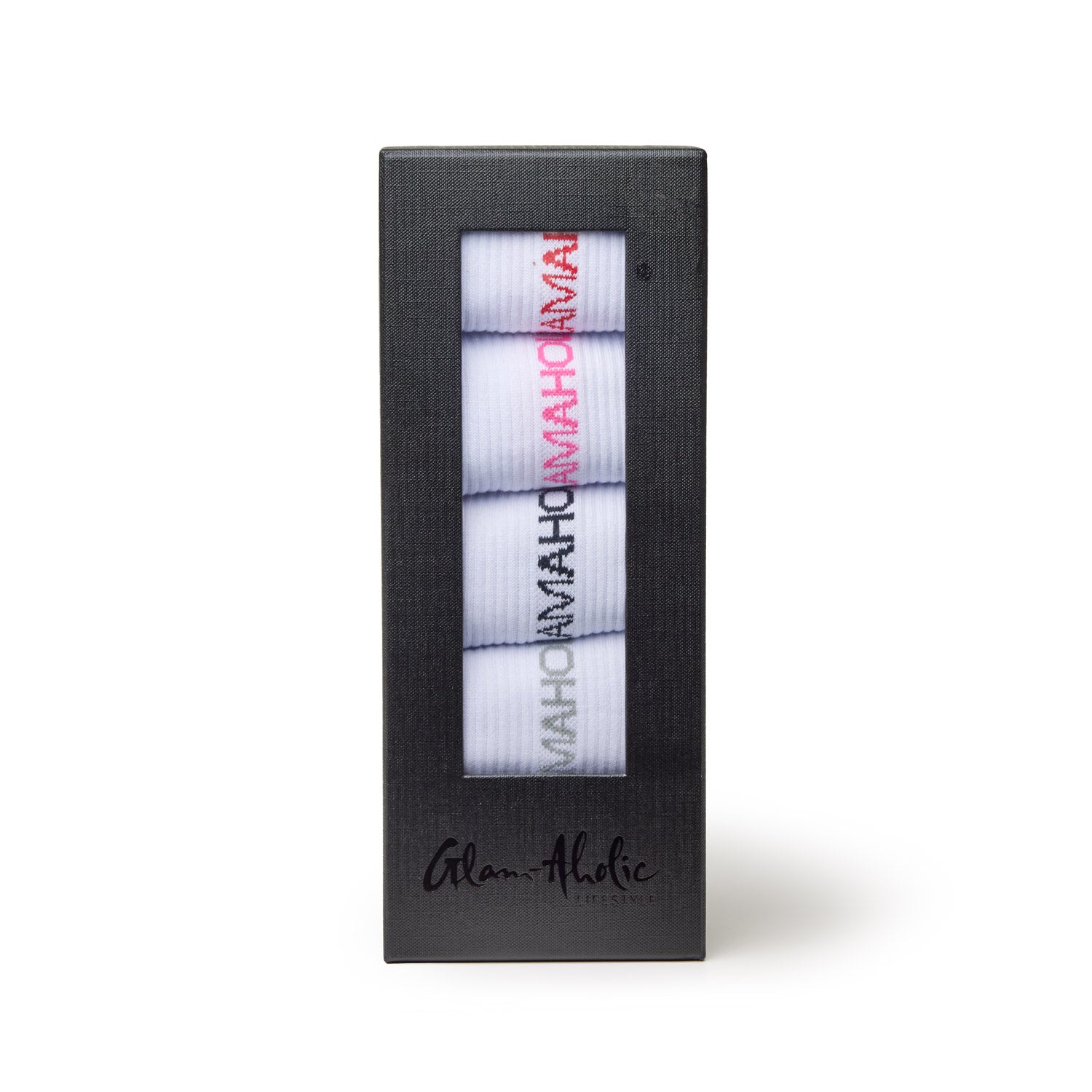 Pack of athletic crew socks in various colors, featuring the brand name prominently displayed on each sock.