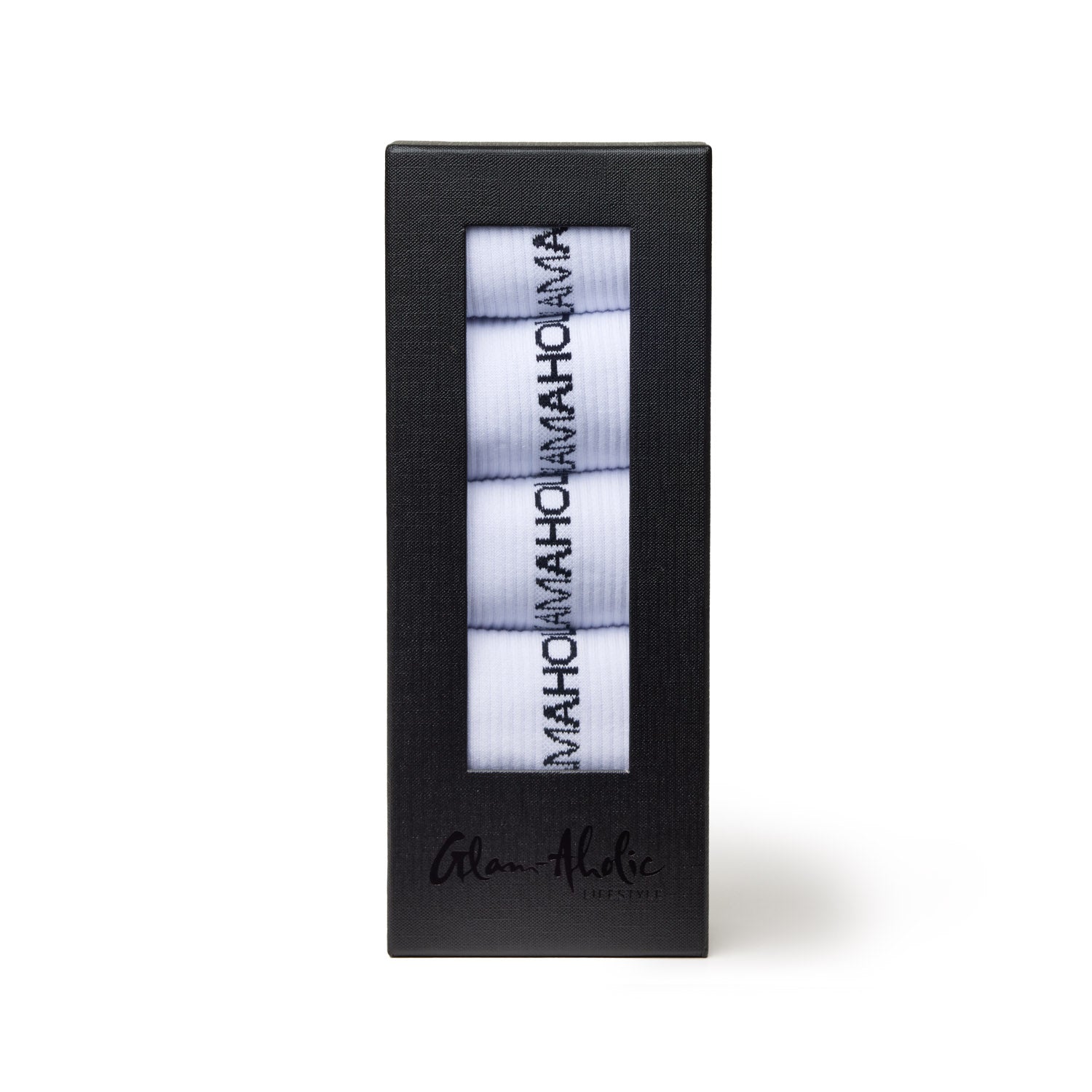 Black athletic crew socks packaged in a sleek black box with a clear window showcasing the socks inside.