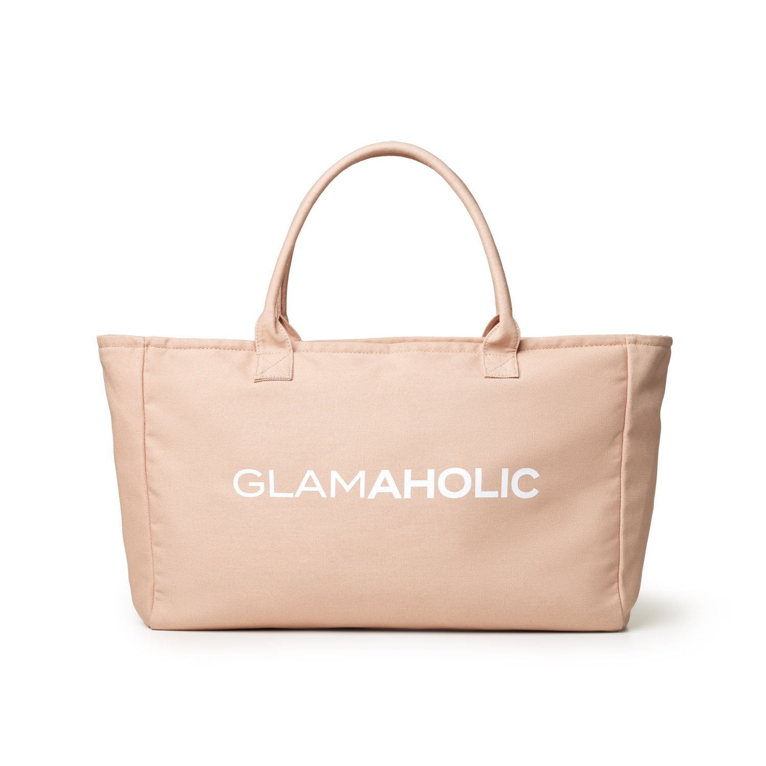 Nude athletic canvas tote bag featuring the word "GLAMAHOLIC" printed in bold white letters on the front.