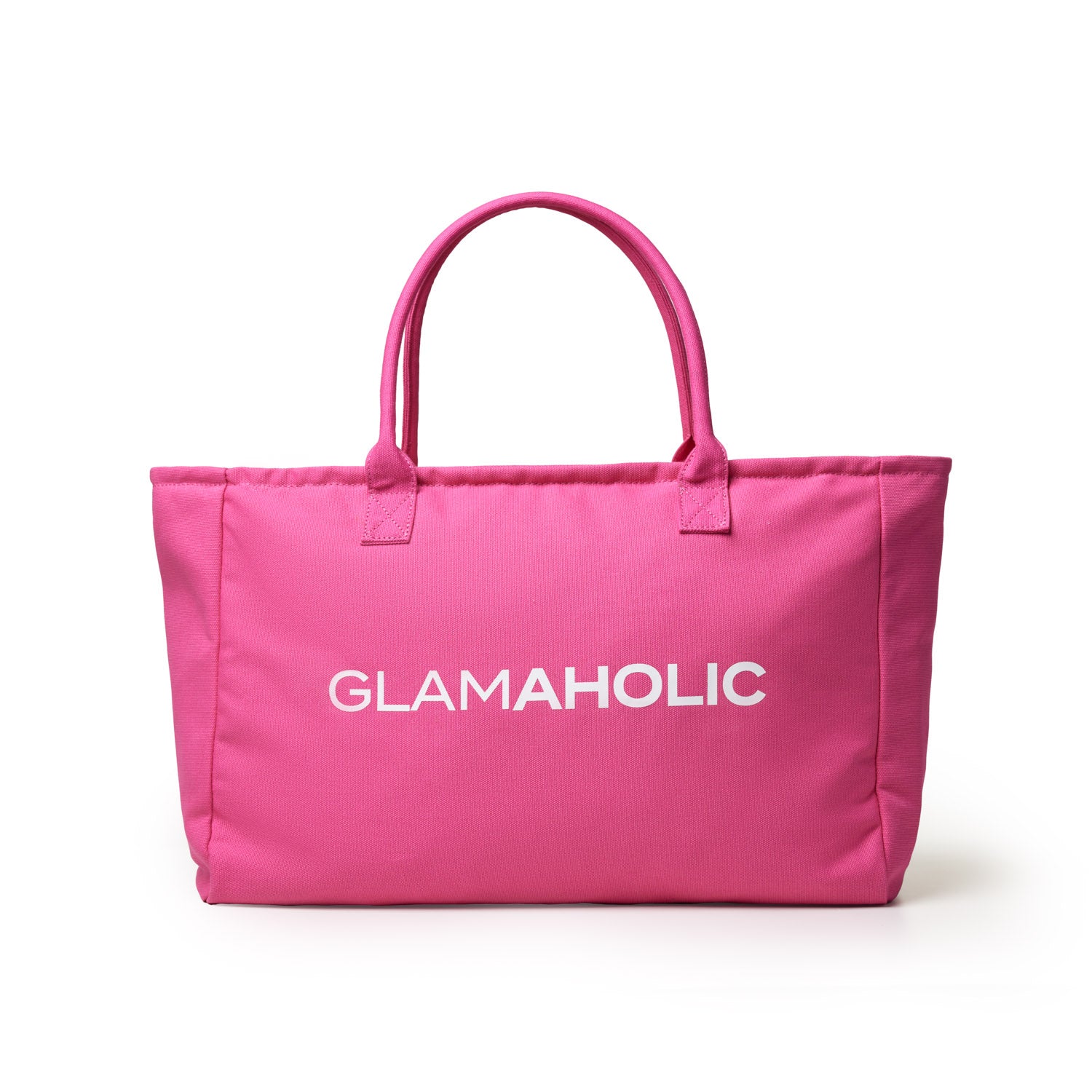 Hot pink athletic canvas tote bag featuring the word "GLAMAHOLIC" in bold white letters, perfect for stylish outings.