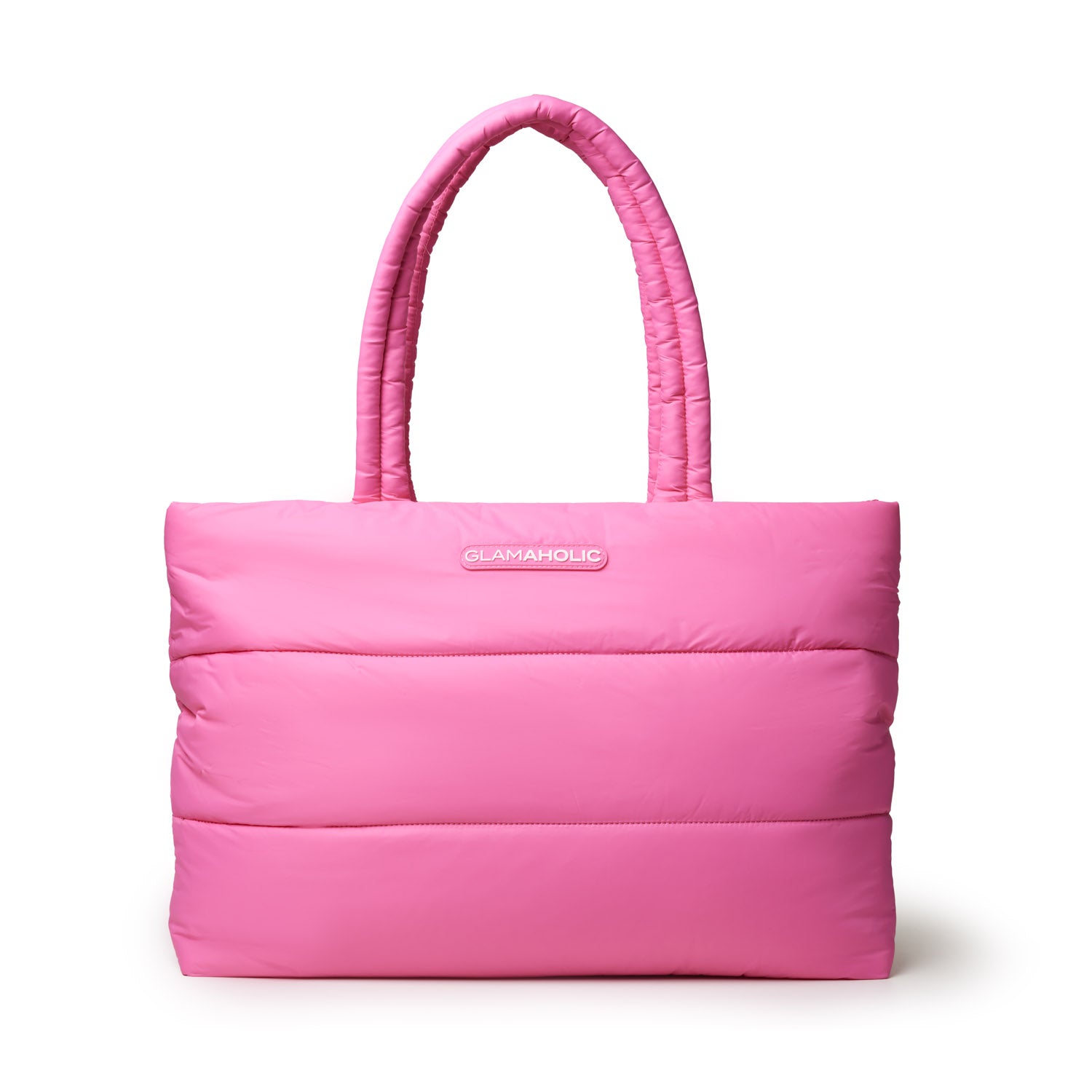 Hot pink athletic nylon tote with padded design and sturdy handles, perfect for workouts or casual outings.