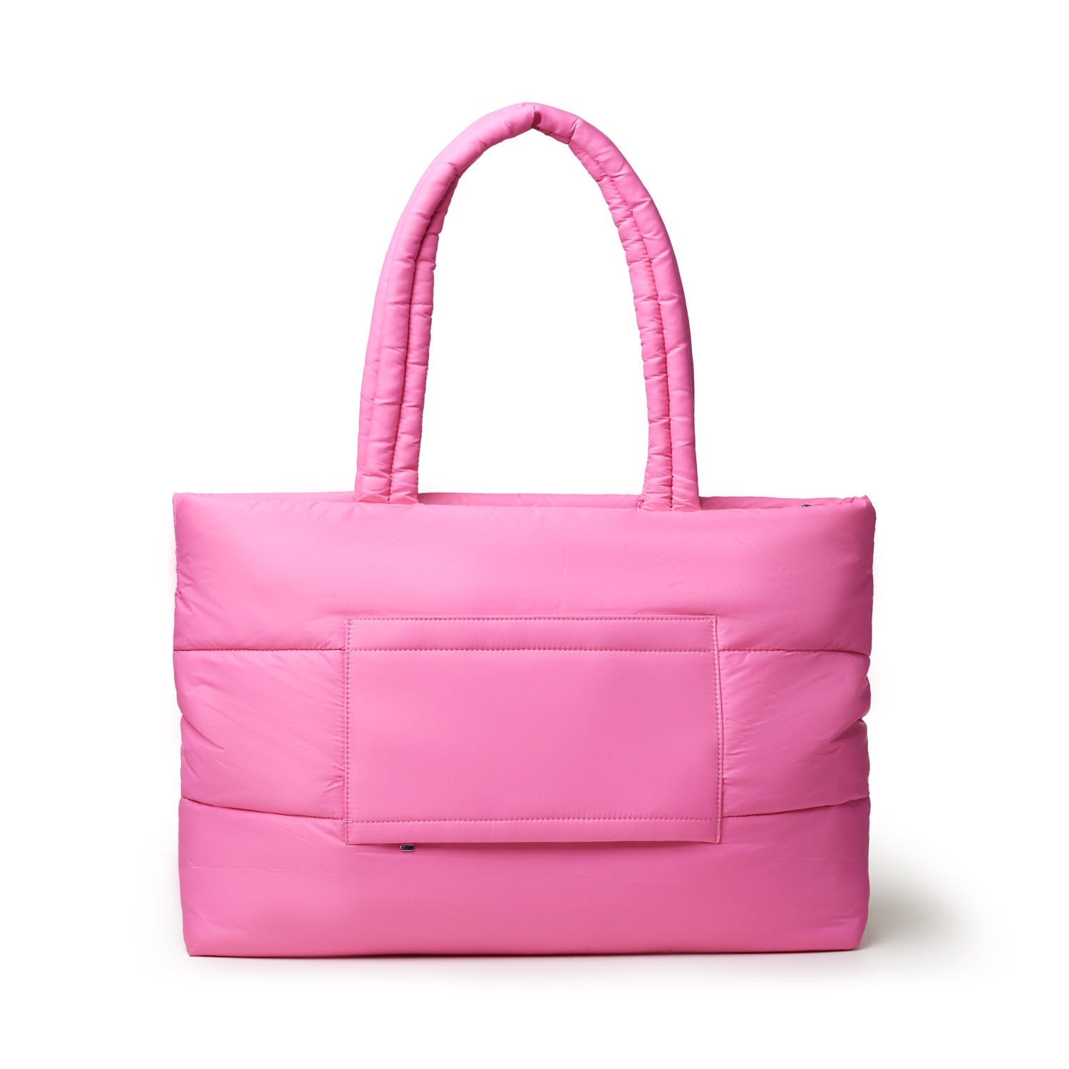 Hot pink athletic nylon tote bag with padded texture and two sturdy handles, featuring a front pocket for storage.