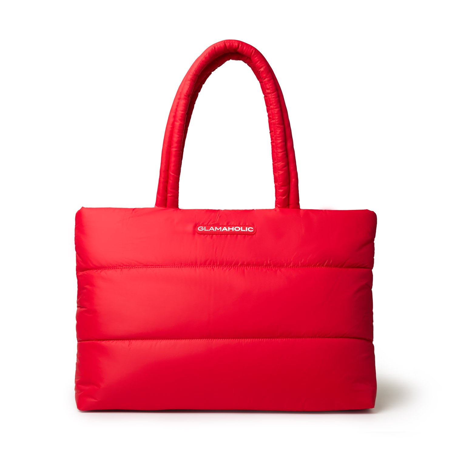Red athletic nylon tote bag with padded design and sturdy handles, featuring the Glam-Aholic logo on the front.