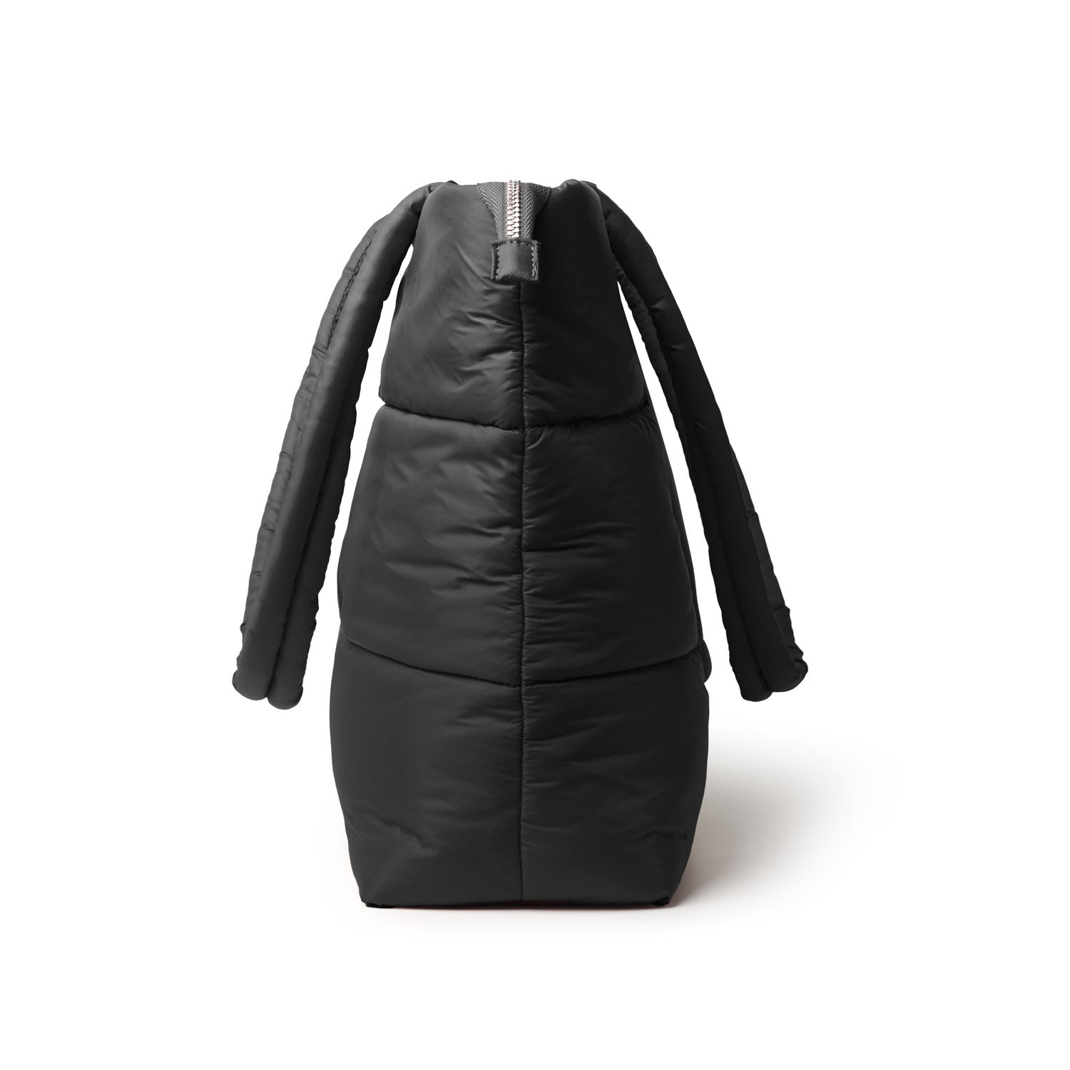 Black athletic nylon tote bag with a sleek, padded design and elongated handles, ideal for stylish, functional use.