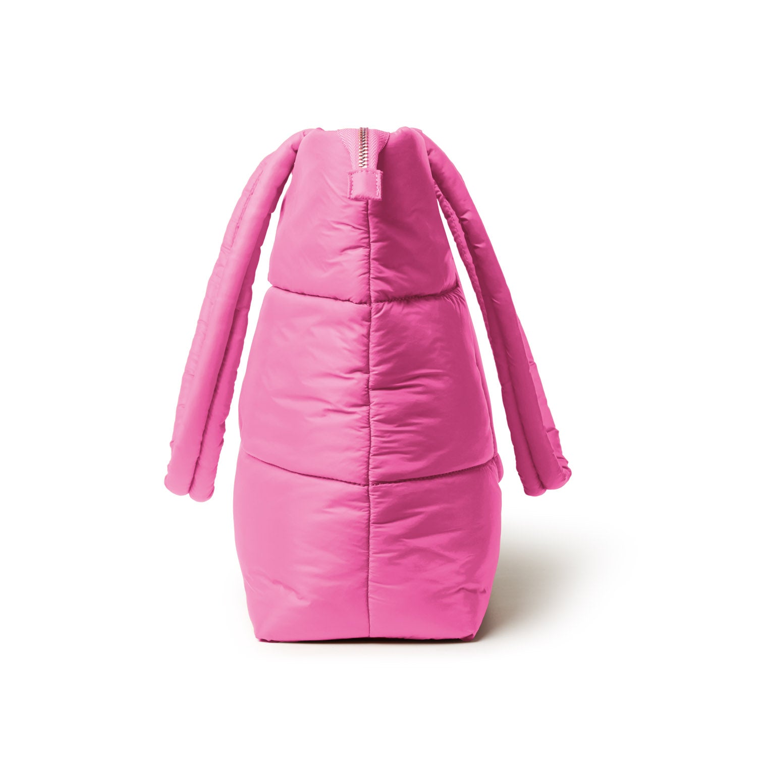 Hot pink athletic nylon tote bag with a padded design and zipper closure, featuring unique bunny ear handles.